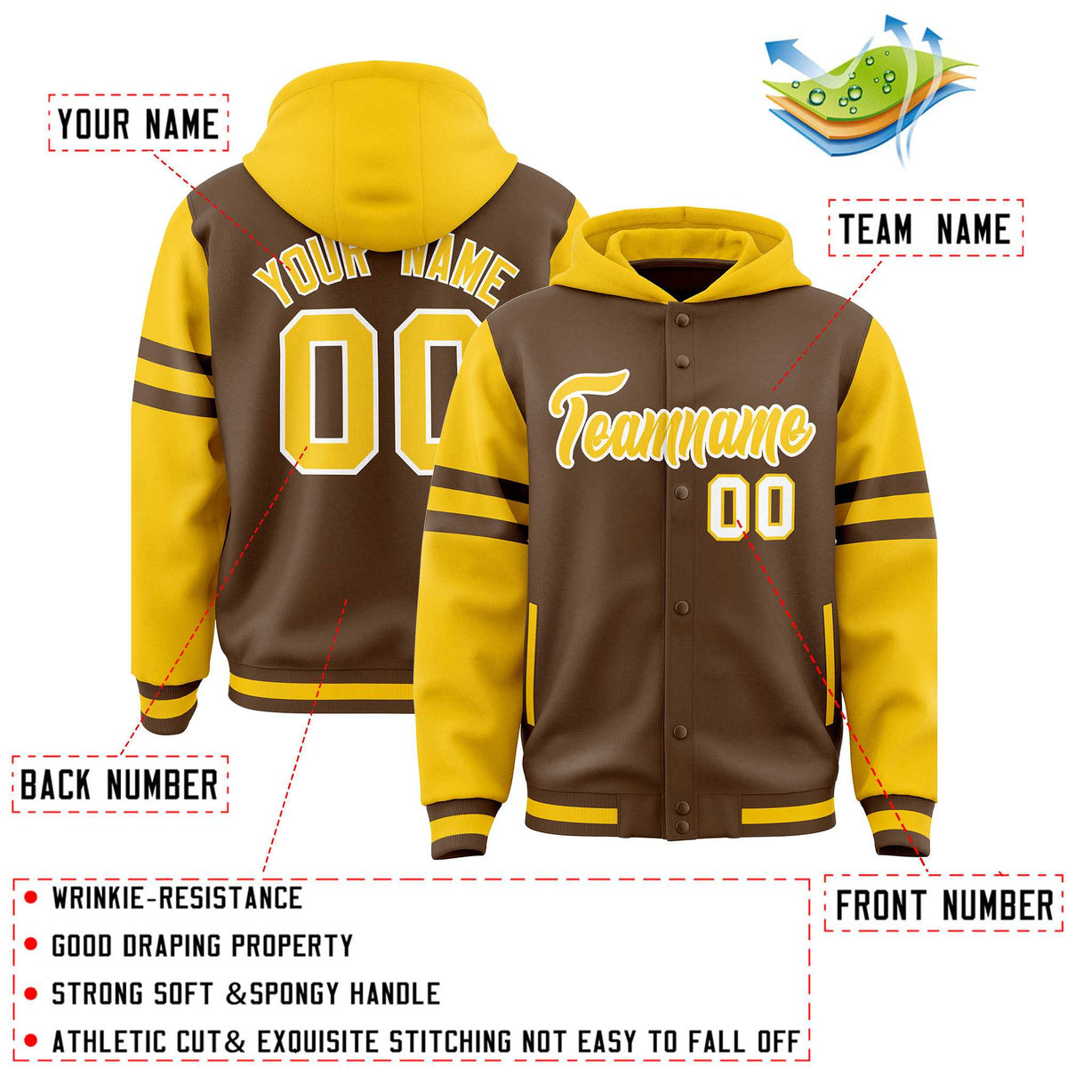 Custom Light Brown Gold Raglan Sleeves Varsity Full-Snap Letterman Three Stripes Jacket Hoodie| KXKSHOP