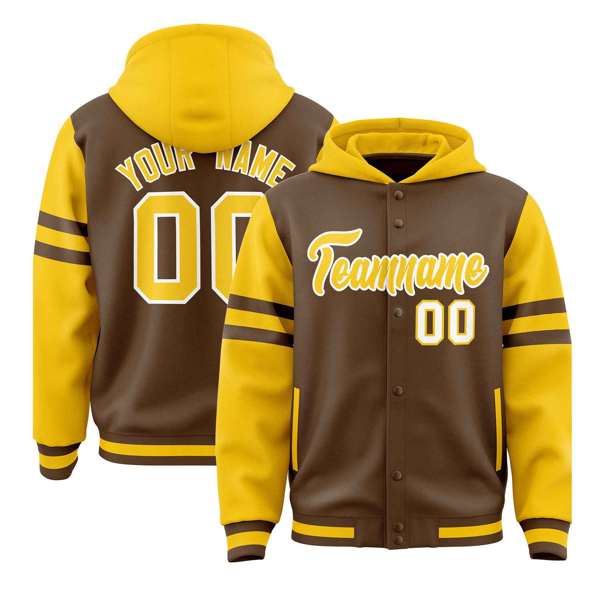 Custom Light Brown Gold Raglan Sleeves Varsity Full-Snap Letterman Three Stripes Jacket Hoodie| KXKSHOP