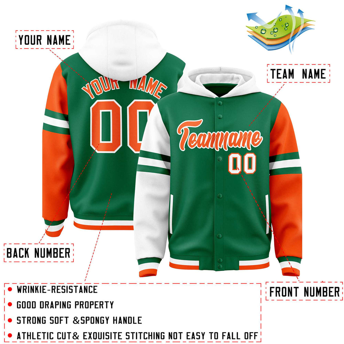 Custom Kelly Green White-Orange Raglan Sleeves Varsity Full-Snap Letterman Three Stripes Jacket Hoodie| KXKSHOP