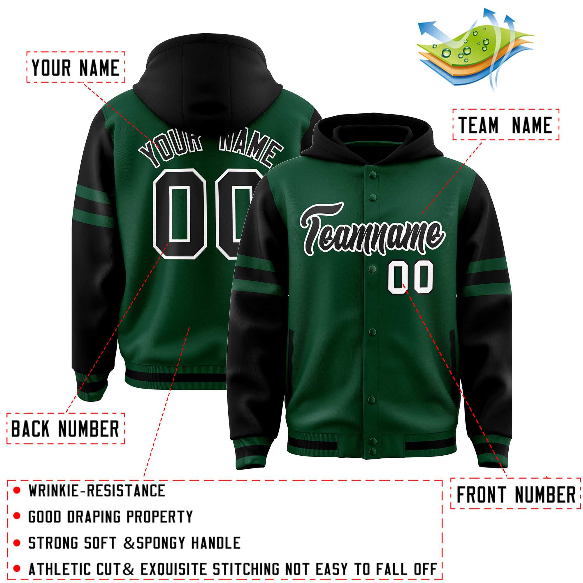 Custom Green Black Raglan Sleeves Varsity Full-Snap Letterman Three Stripes Jacket Hoodie| KXKSHOP