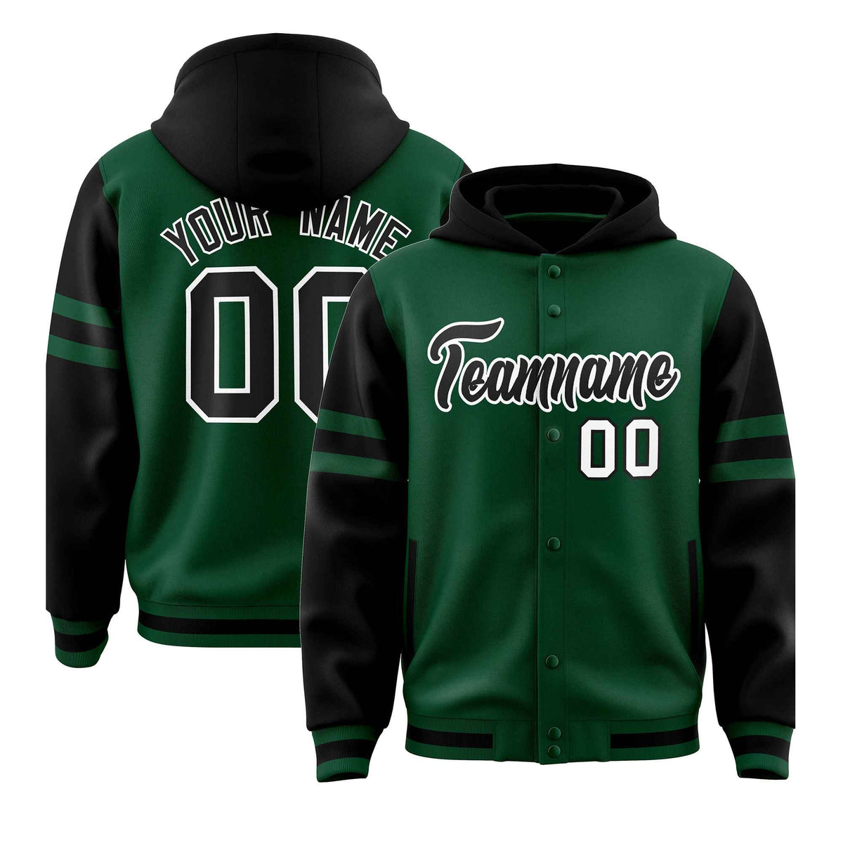 Custom Green Black Raglan Sleeves Varsity Full-Snap Letterman Three Stripes Jacket Hoodie| KXKSHOP