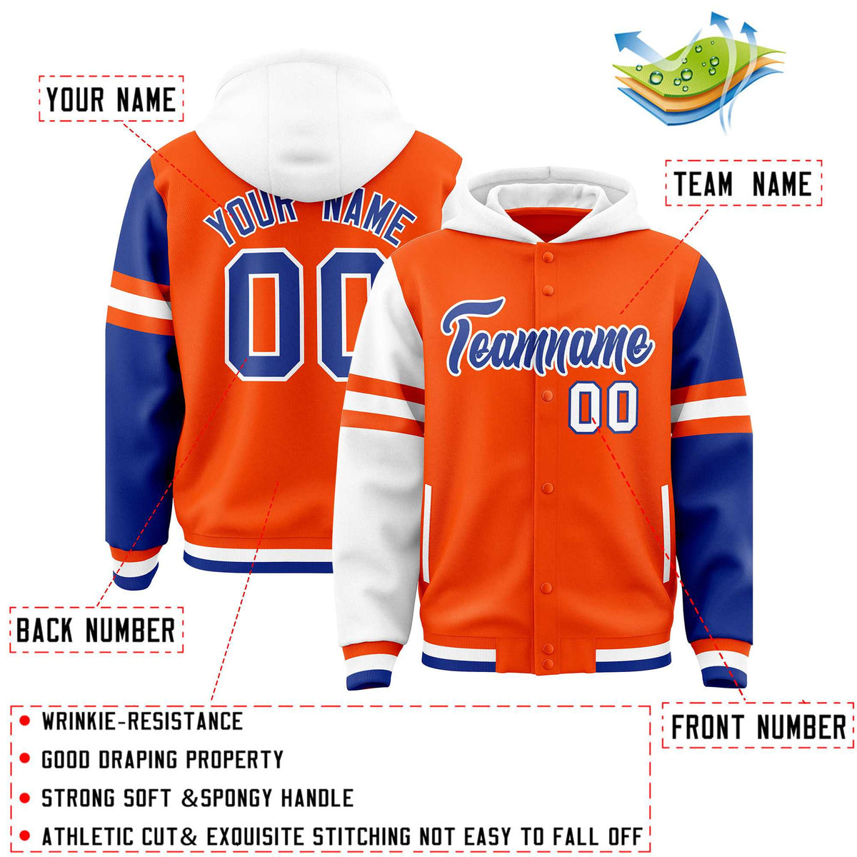 Custom Orange White-Royal Raglan Sleeves Varsity Full-Snap Letterman Three Stripes Jacket Hoodie| KXKSHOP