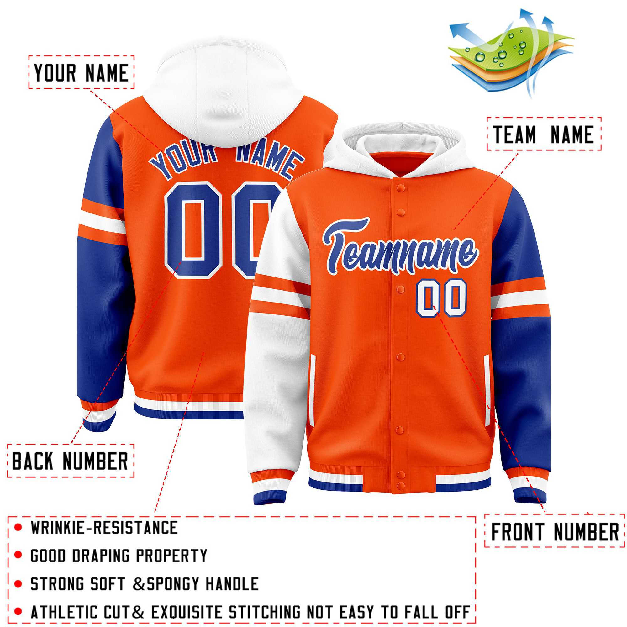 Custom Orange White-Royal Raglan Sleeves Varsity Full-Snap Letterman Three Stripes Jacket Hoodie| KXKSHOP