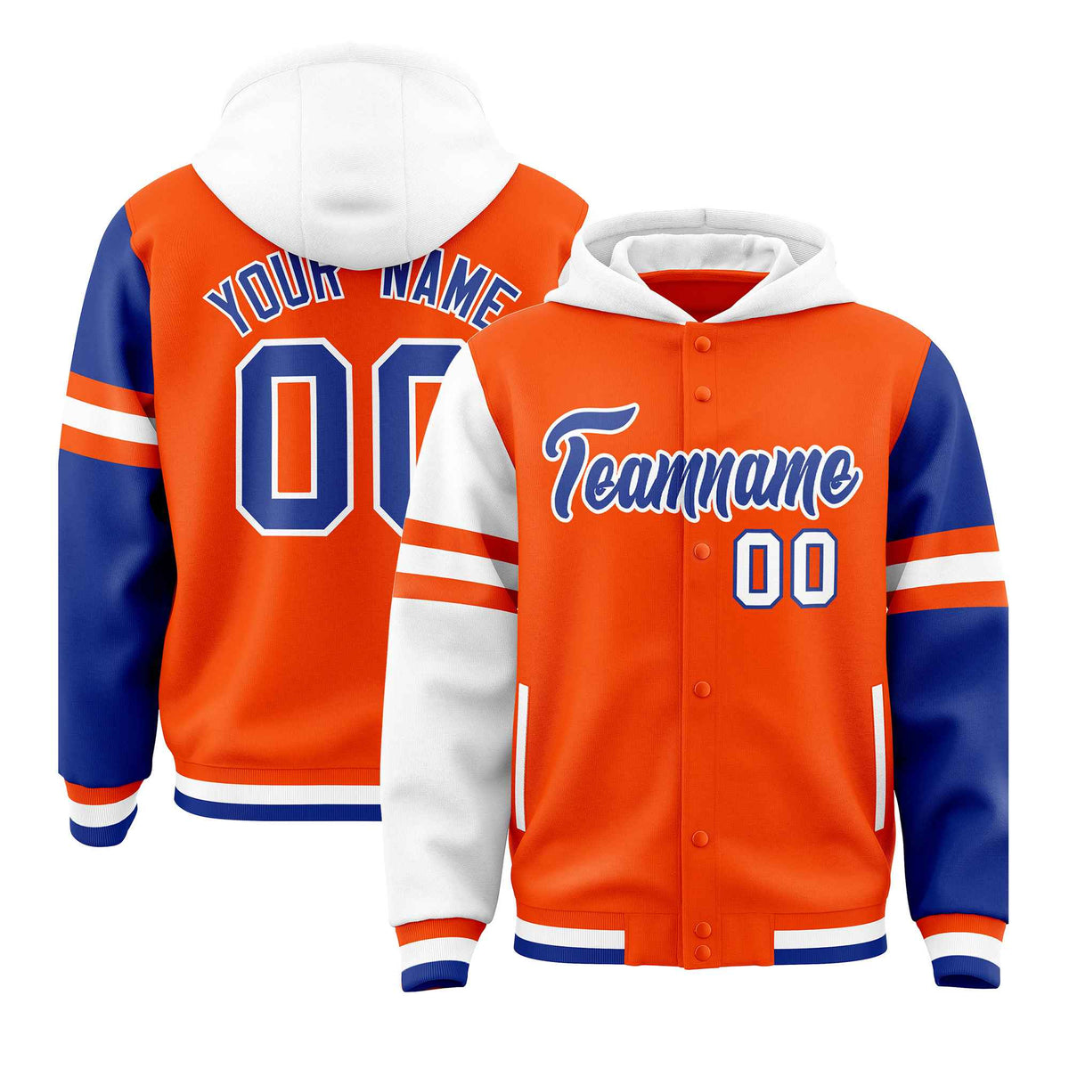 Custom Orange White-Royal Raglan Sleeves Varsity Full-Snap Letterman Three Stripes Jacket Hoodie| KXKSHOP