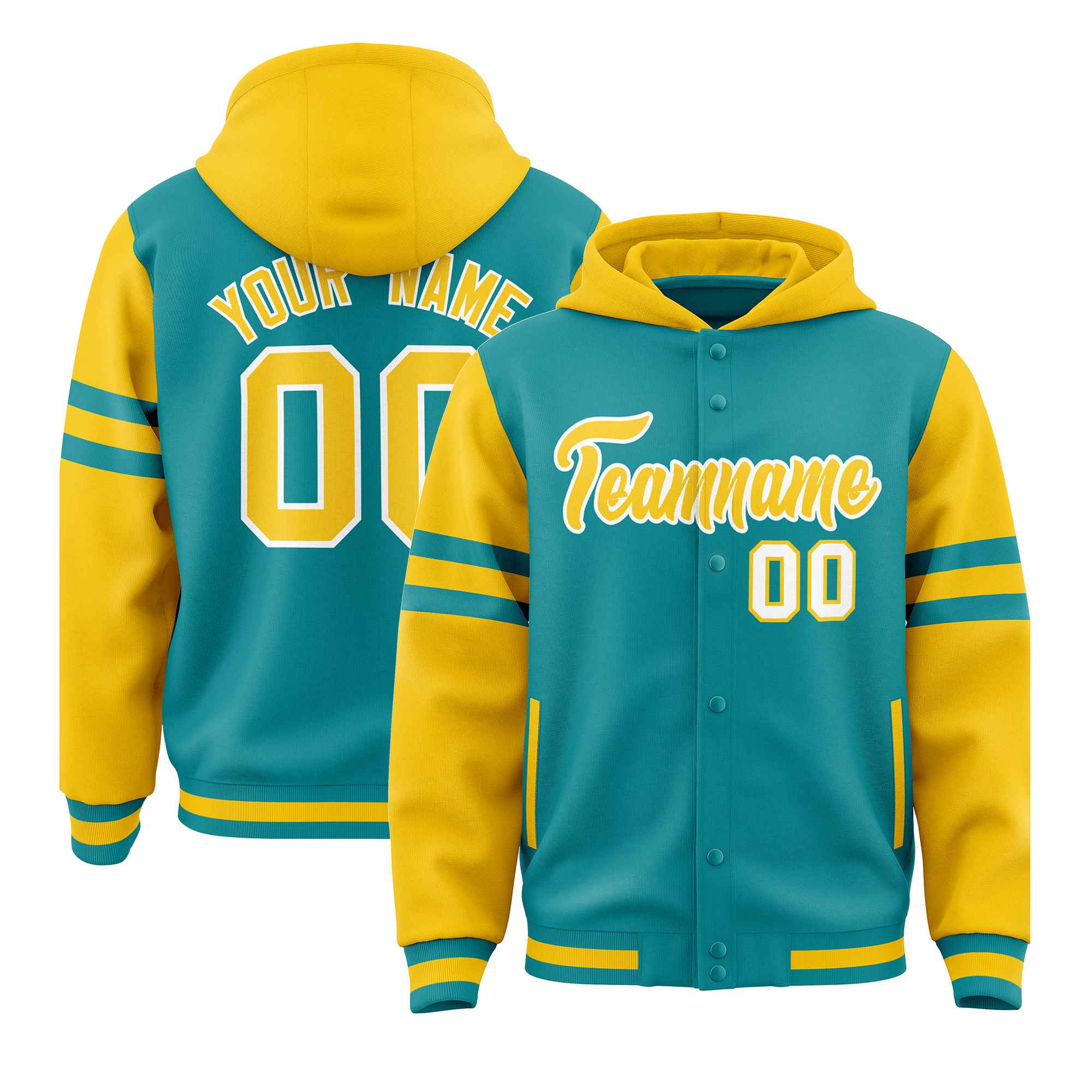 Custom Aqua Gold Raglan Sleeves Varsity Full-Snap Letterman Three Stripes Jacket Hoodie| KXKSHOP