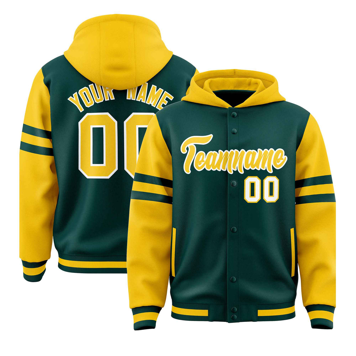 Custom Midnight Green Gold Raglan Sleeves Varsity Full-Snap Letterman Three Stripes Jacket Hoodie| KXKSHOP
