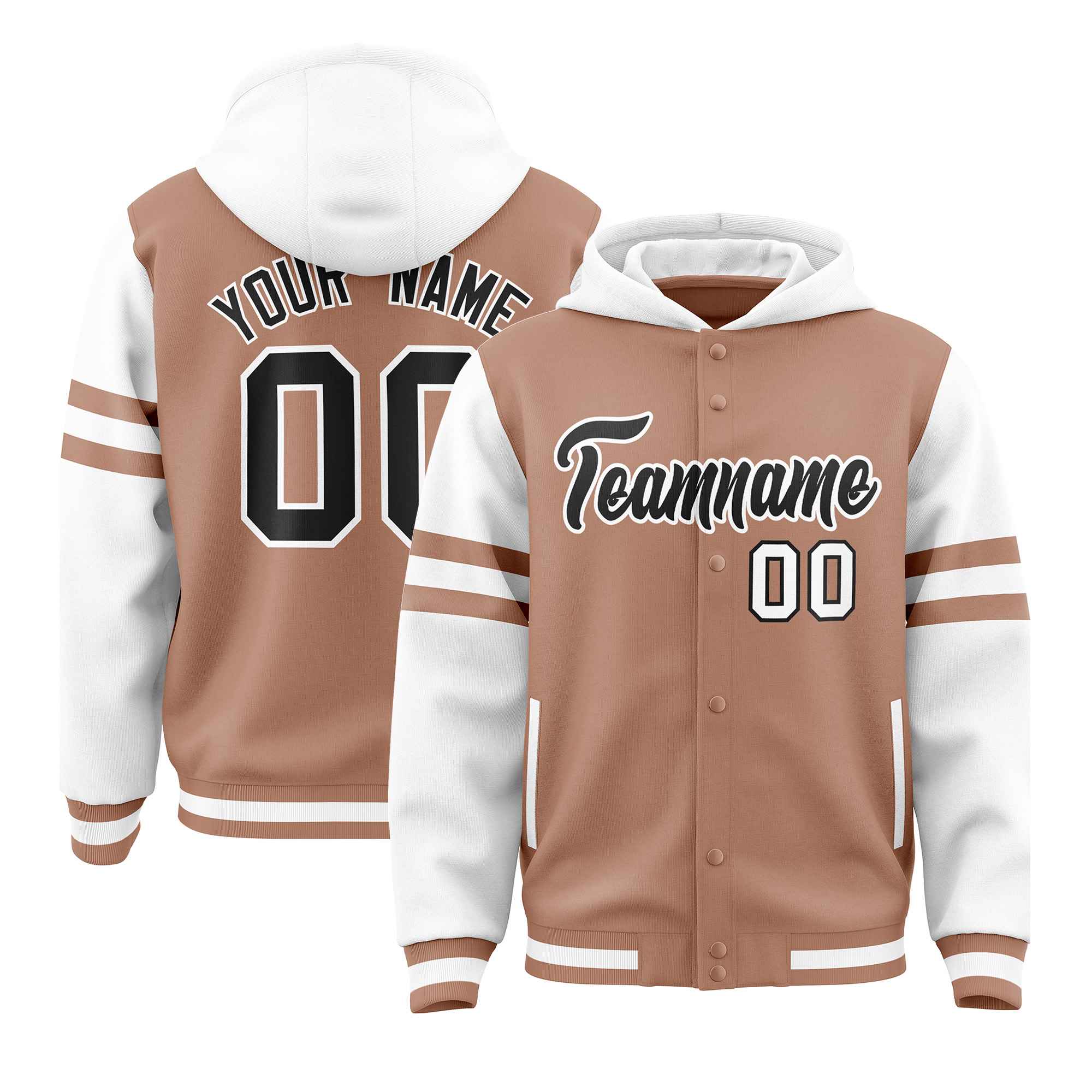 Custom Coffee Brown White Raglan Sleeves Varsity Full-Snap Letterman Three Stripes Jacket Hoodie| KXKSHOP