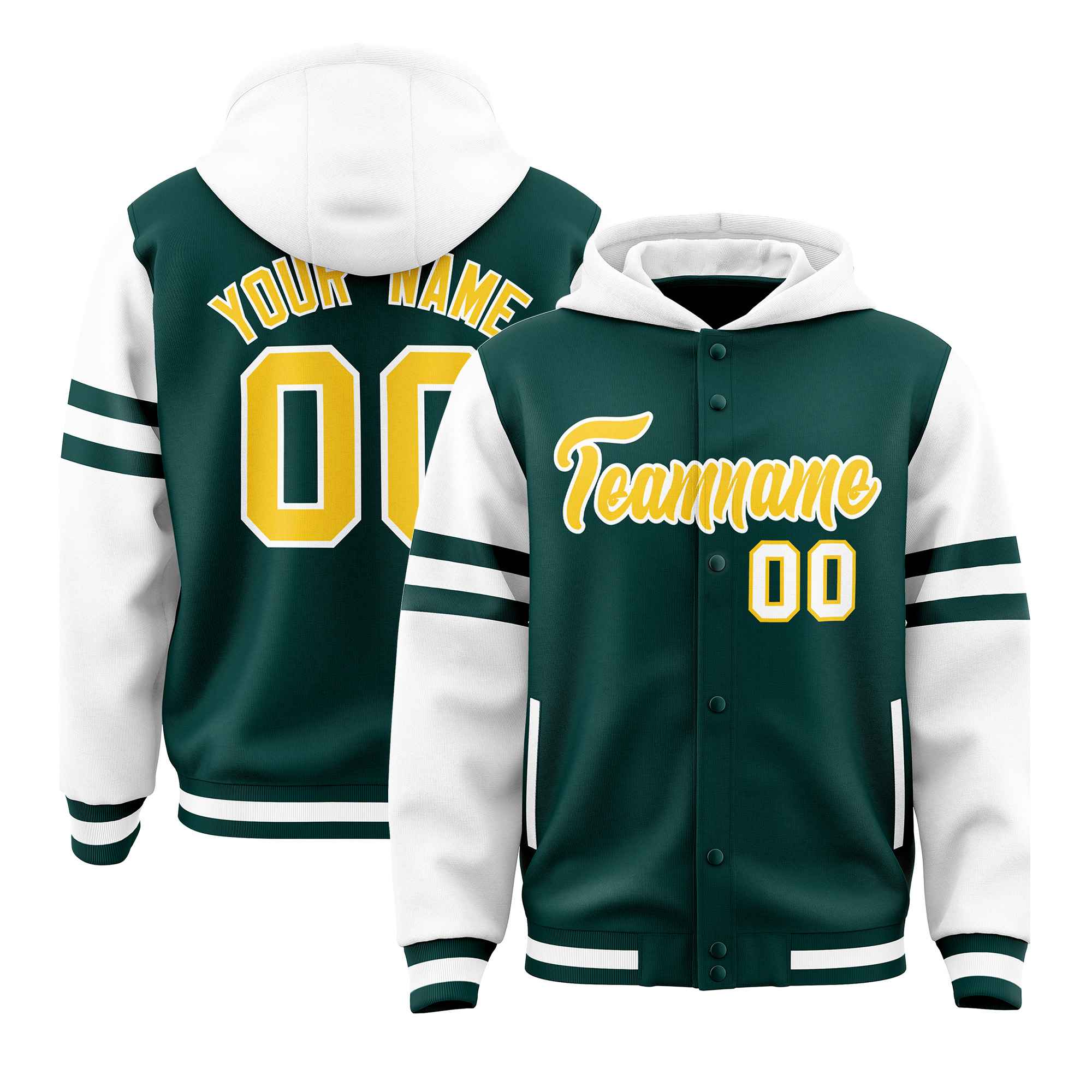 Custom Midnight Green White Raglan Sleeves Varsity Full-Snap Letterman Three Stripes Jacket Hoodie| KXKSHOP