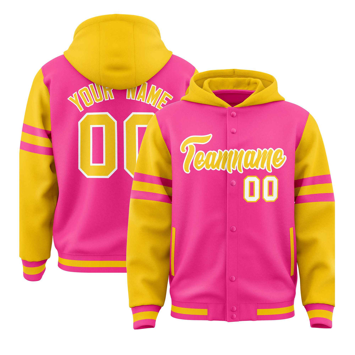 Custom Pink Gold Raglan Sleeves Varsity Full-Snap Letterman Three Stripes Jacket Hoodie| KXKSHOP