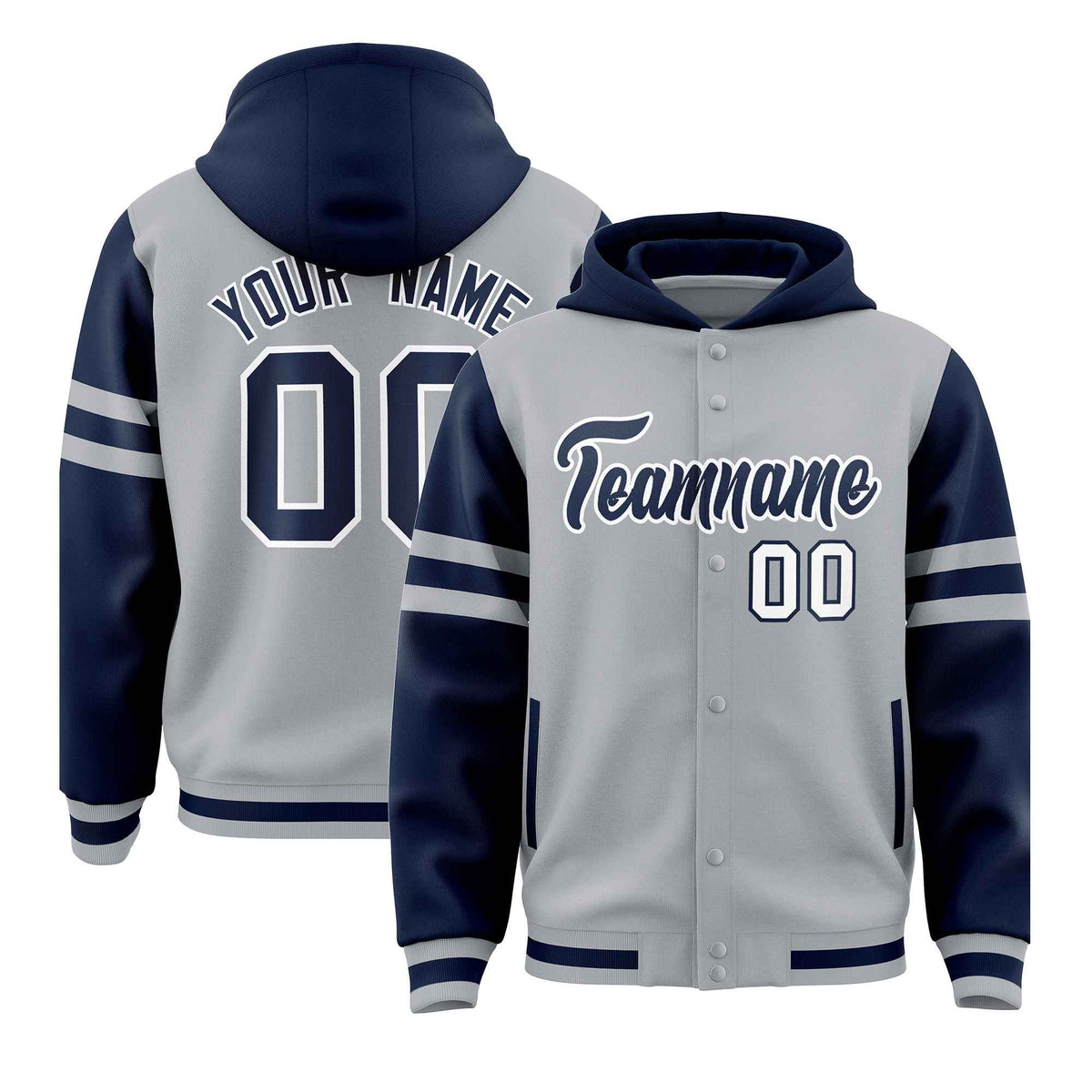 Custom Silver Navy Raglan Sleeves Varsity Full-Snap Letterman Three Stripes Jacket Hoodie| KXKSHOP