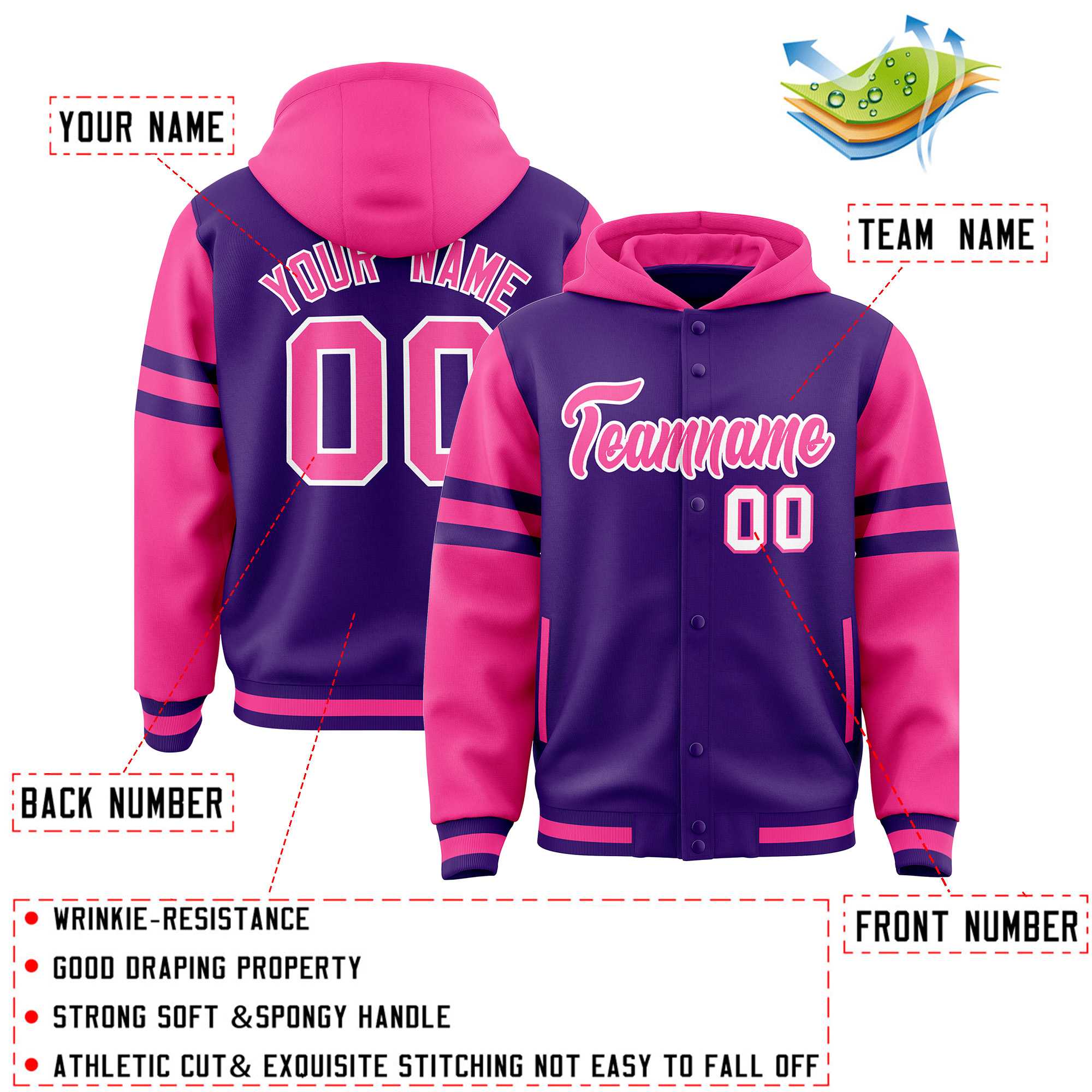 Custom Purple Pink Raglan Sleeves Varsity Full-Snap Letterman Three Stripes Jacket Hoodie| KXKSHOP