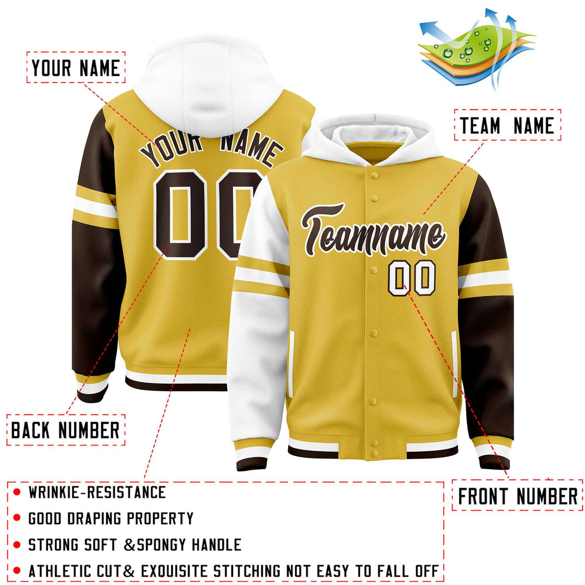 Custom Old Gold White-Brown Raglan Sleeves Varsity Full-Snap Letterman Three Stripes Jacket Hoodie| KXKSHOP