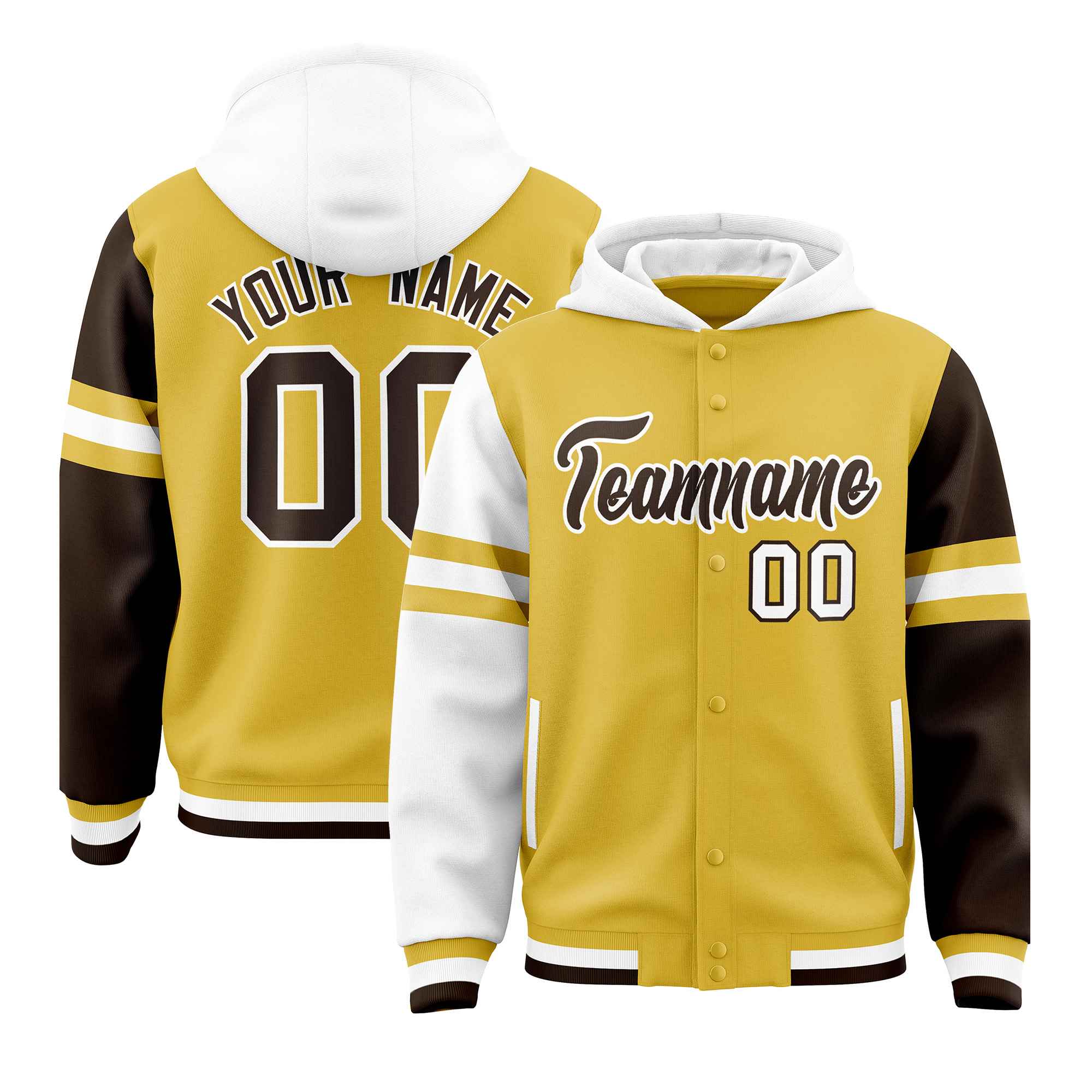 Custom Old Gold White-Brown Raglan Sleeves Varsity Full-Snap Letterman Three Stripes Jacket Hoodie| KXKSHOP