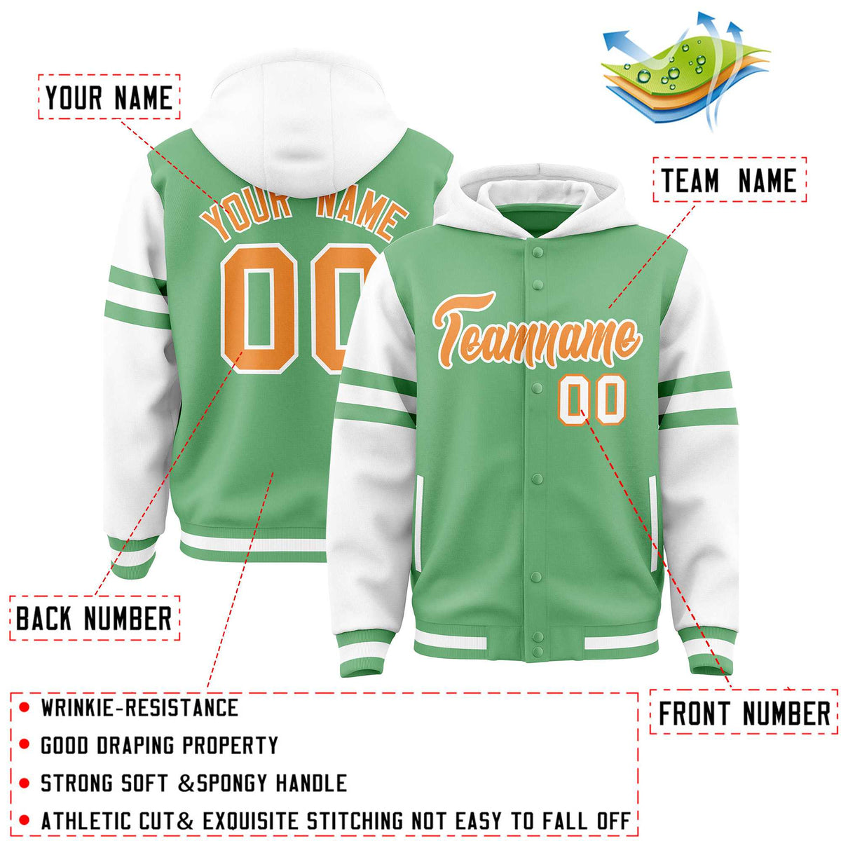 Custom Light Green White Raglan Sleeves Varsity Full-Snap Letterman Three Stripes Jacket Hoodie| KXKSHOP