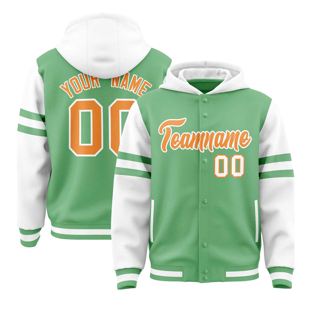 Custom Light Green White Raglan Sleeves Varsity Full-Snap Letterman Three Stripes Jacket Hoodie| KXKSHOP