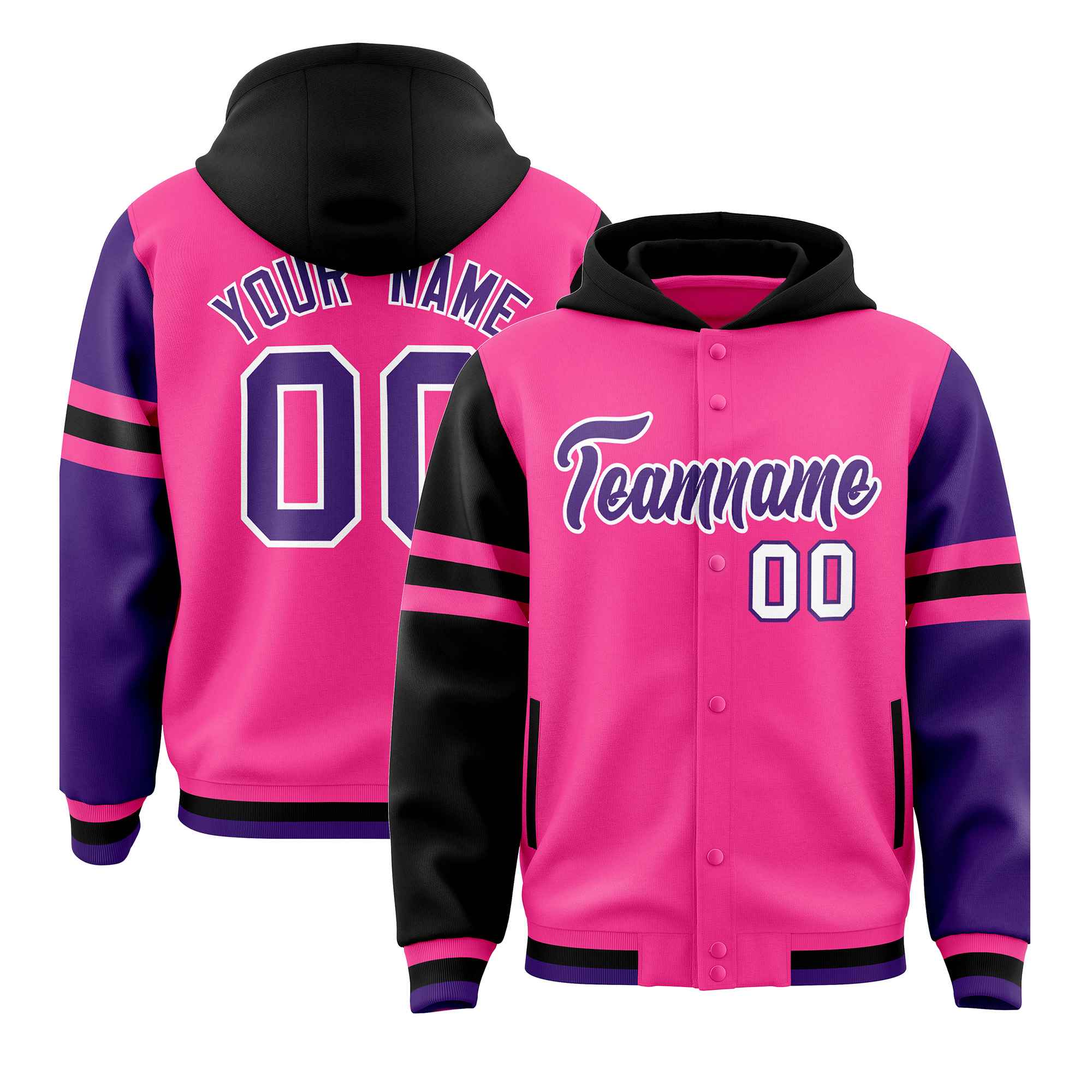 Custom Pink Black-Purple Raglan Sleeves Varsity Full-Snap Letterman Three Stripes Jacket Hoodie| KXKSHOP