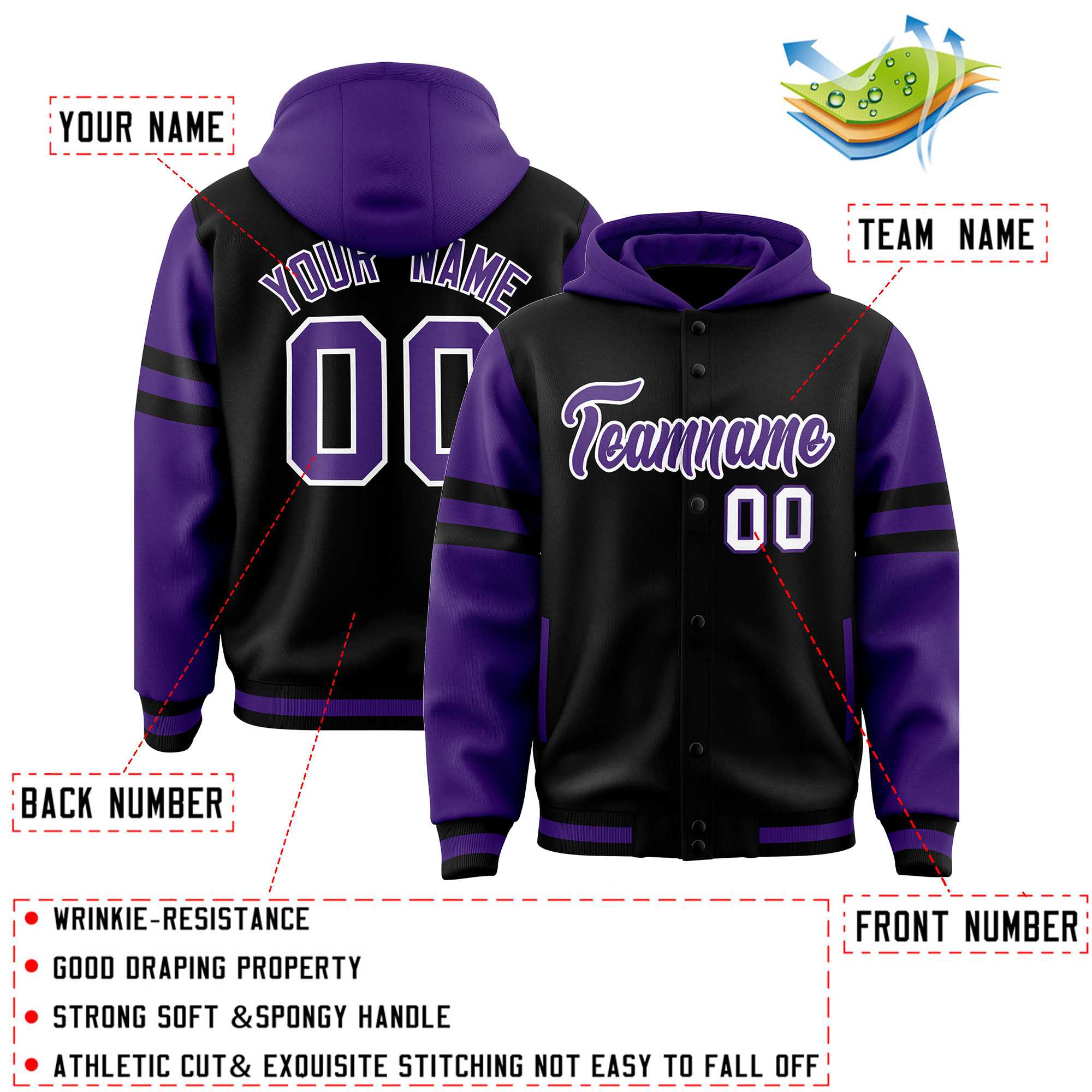 Custom Black Purple Raglan Sleeves Varsity Full-Snap Letterman Three Stripes Jacket Hoodie| KXKSHOP