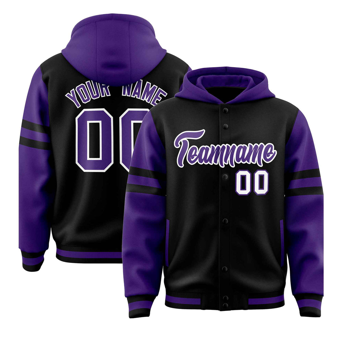 Custom Black Purple Raglan Sleeves Varsity Full-Snap Letterman Three Stripes Jacket Hoodie| KXKSHOP