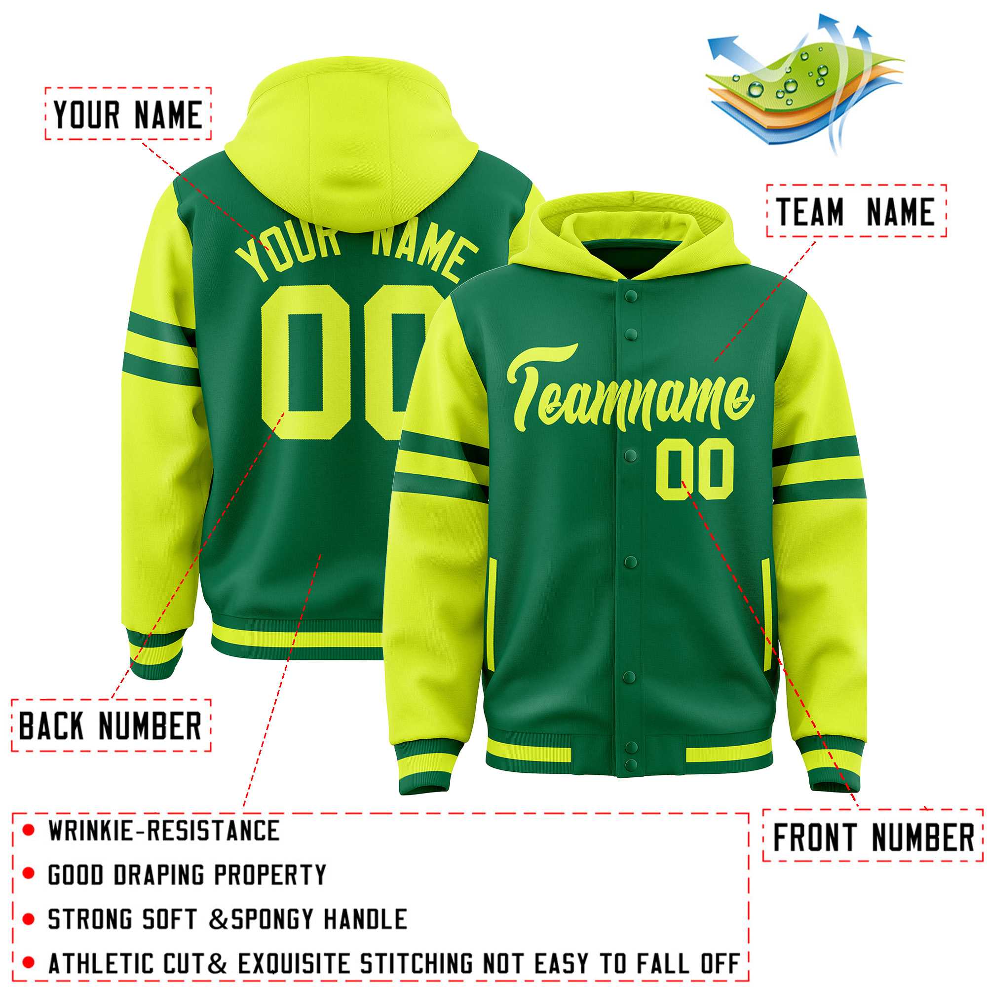 Custom Kelly Green Fluorescent Green Raglan Sleeves Varsity Full-Snap Letterman Three Stripes Jacket Hoodie| KXKSHOP