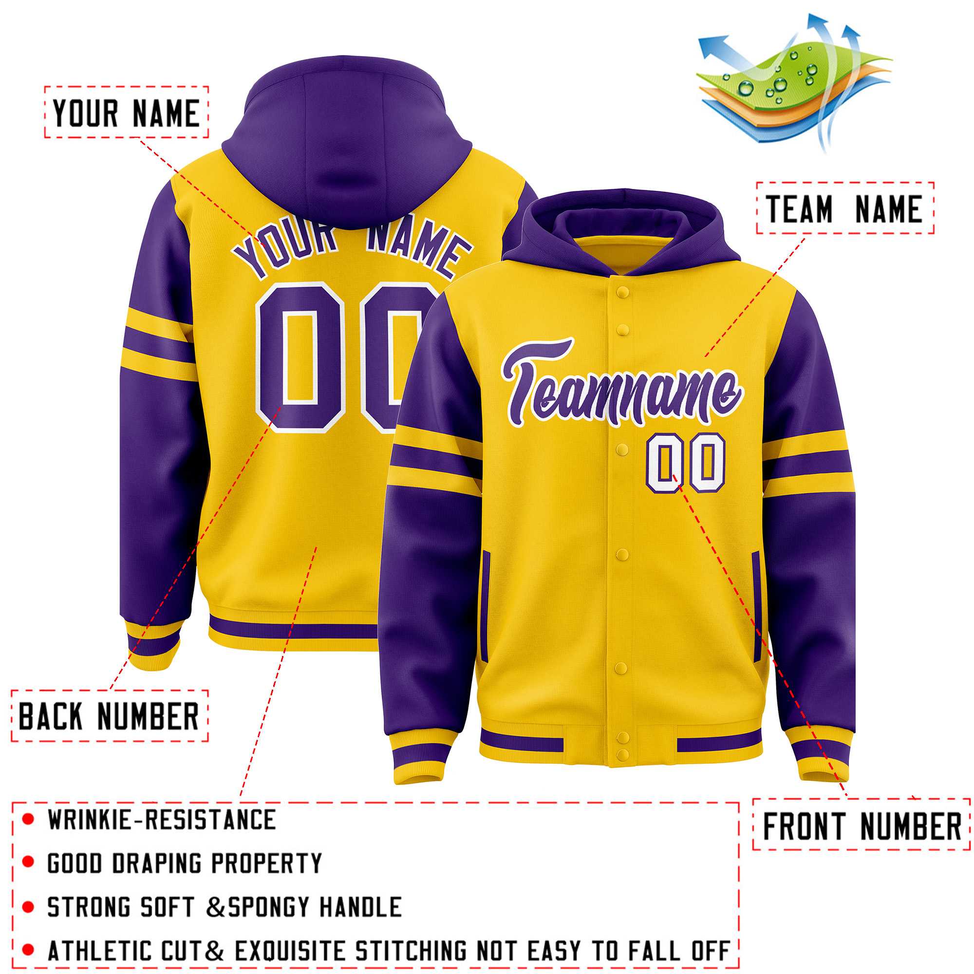 Custom Gold Purple Raglan Sleeves Varsity Full-Snap Letterman Three Stripes Jacket Hoodie| KXKSHOP