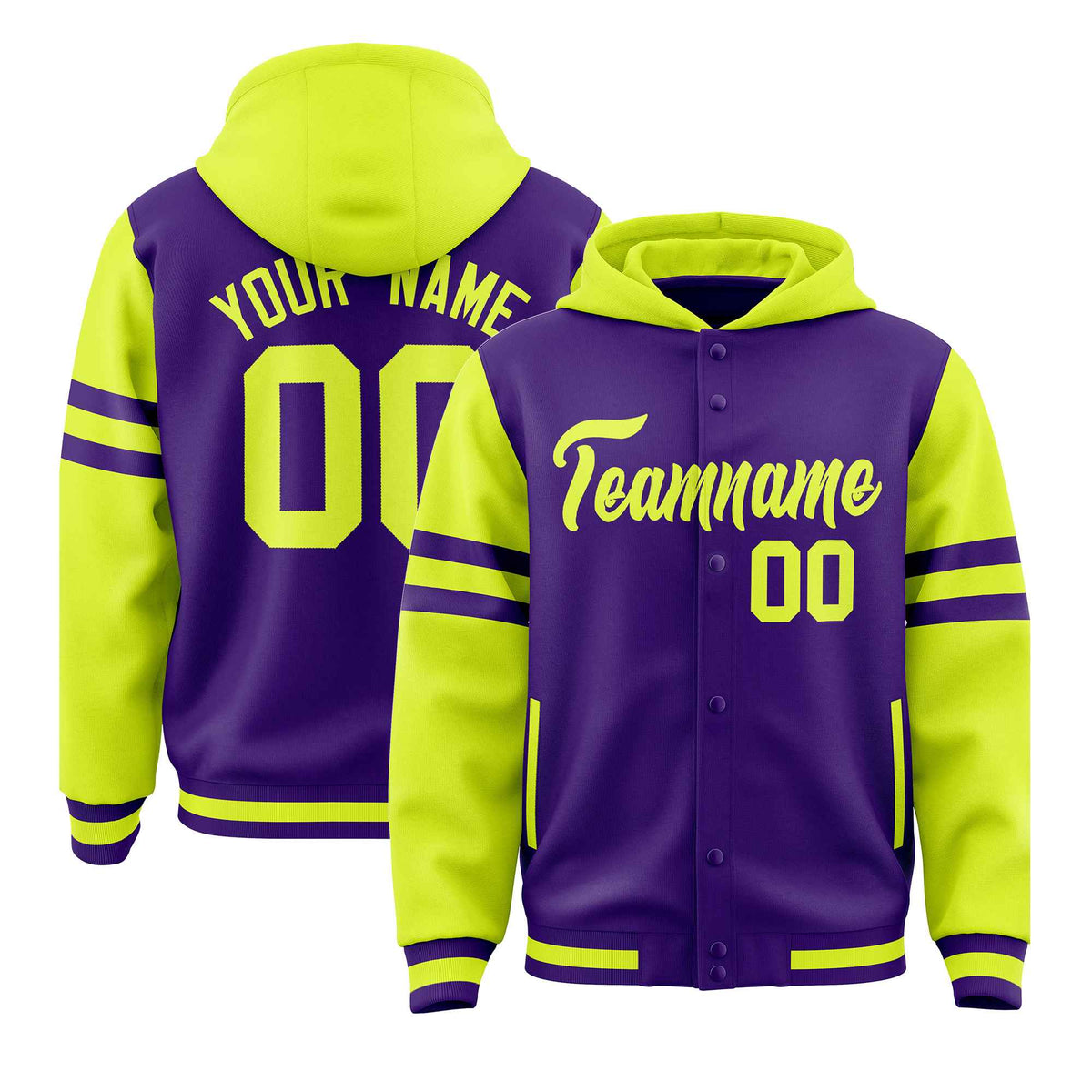 Custom Purple Fluorescent Green Raglan Sleeves Varsity Full-Snap Letterman Three Stripes Jacket Hoodie| KXKSHOP