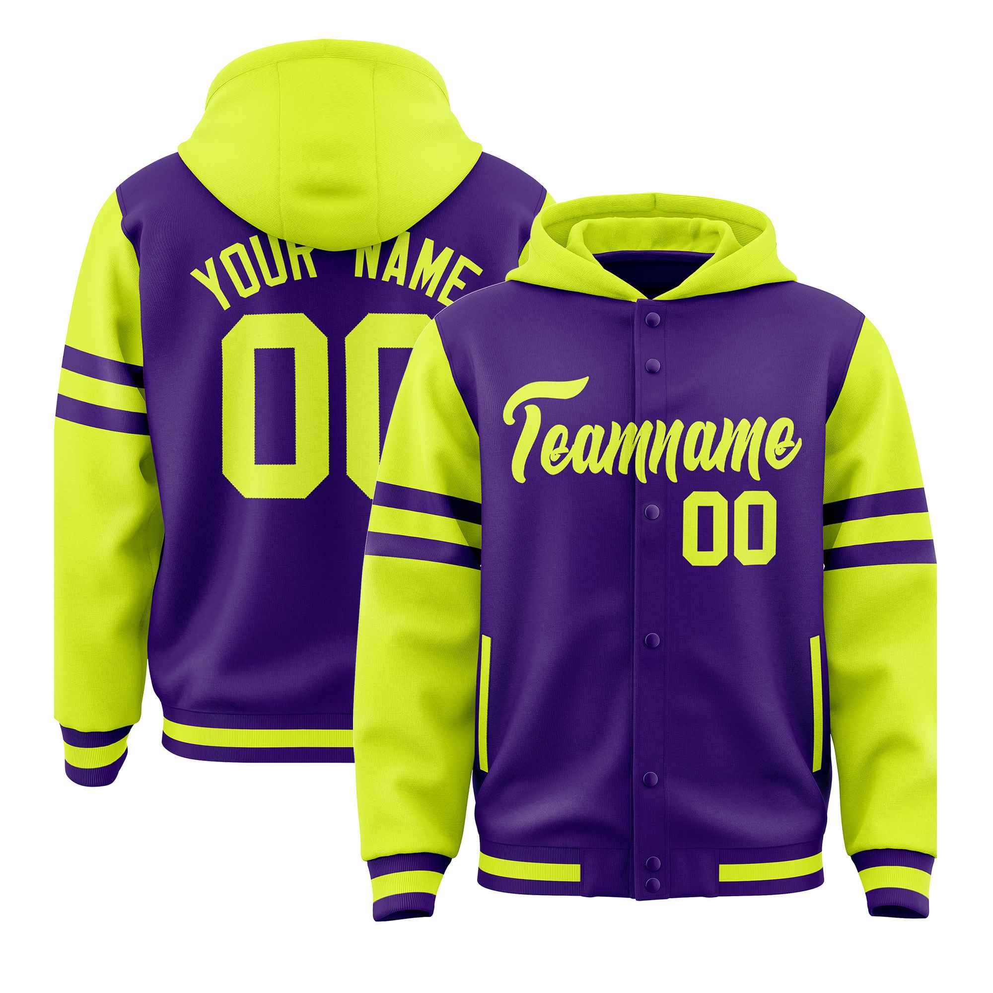 Custom Purple Fluorescent Green Raglan Sleeves Varsity Full-Snap Letterman Three Stripes Jacket Hoodie| KXKSHOP
