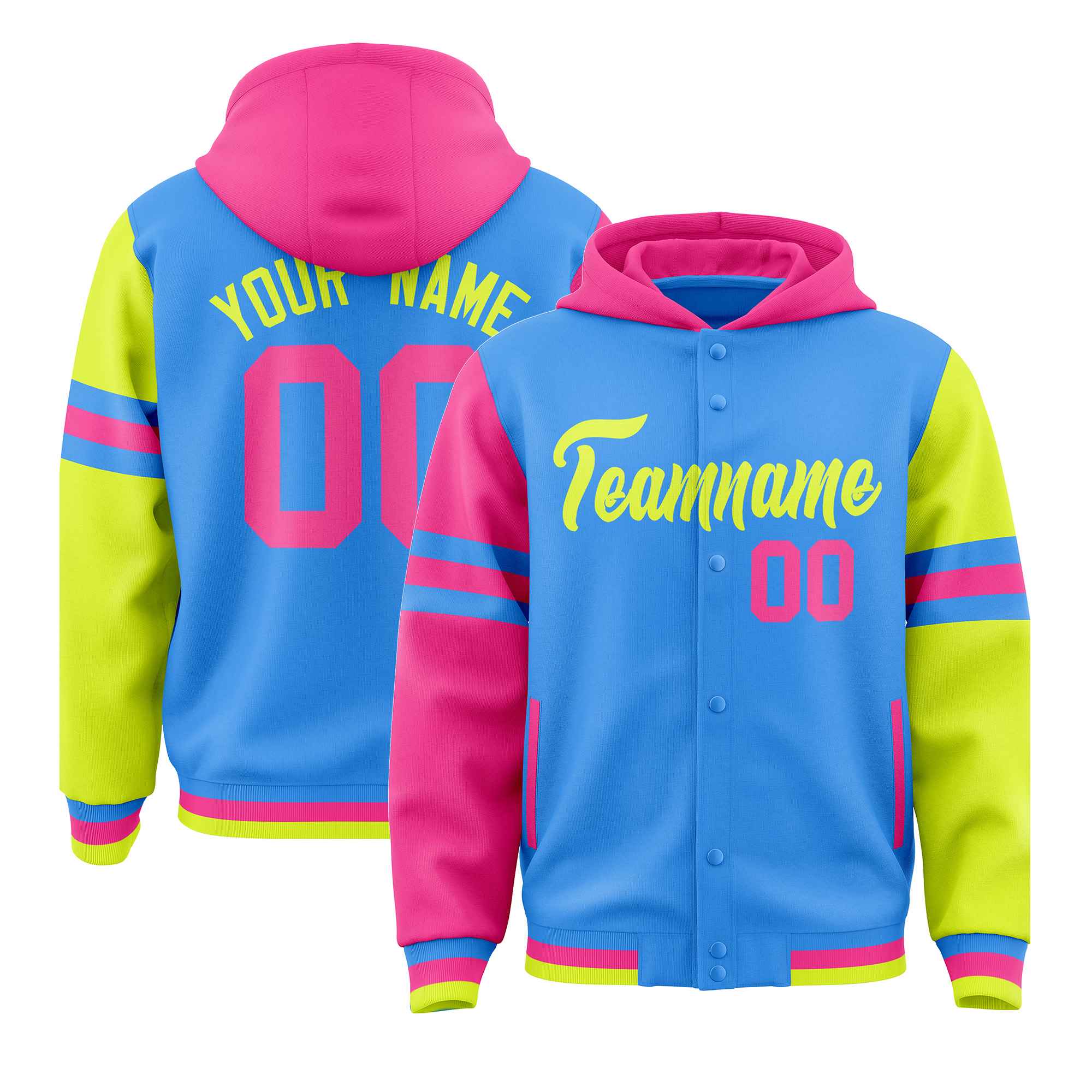Custom Powder Blue Pink-Fluorescent Green Raglan Sleeves Varsity Full-Snap Letterman Three Stripes Jacket Hoodie| KXKSHOP