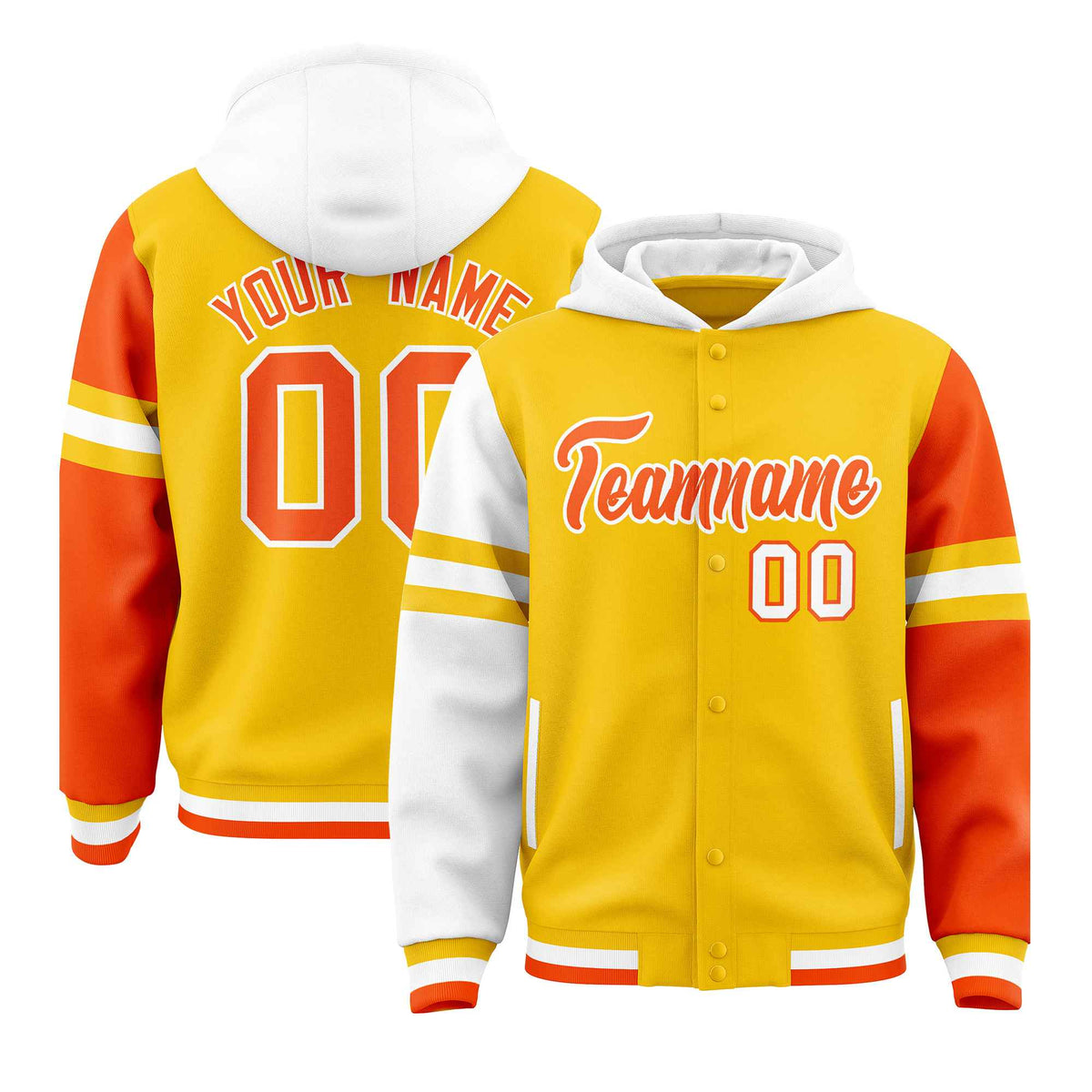 Custom Gold White-Orange Raglan Sleeves Varsity Full-Snap Letterman Three Stripes Jacket Hoodie| KXKSHOP