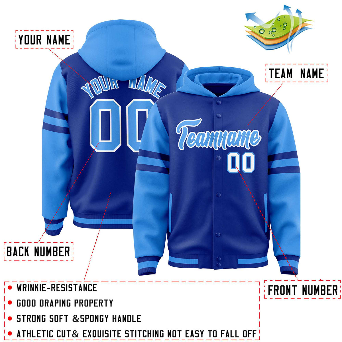 Custom Royal Powder Blue Raglan Sleeves Varsity Full-Snap Letterman Three Stripes Jacket Hoodie| KXKSHOP