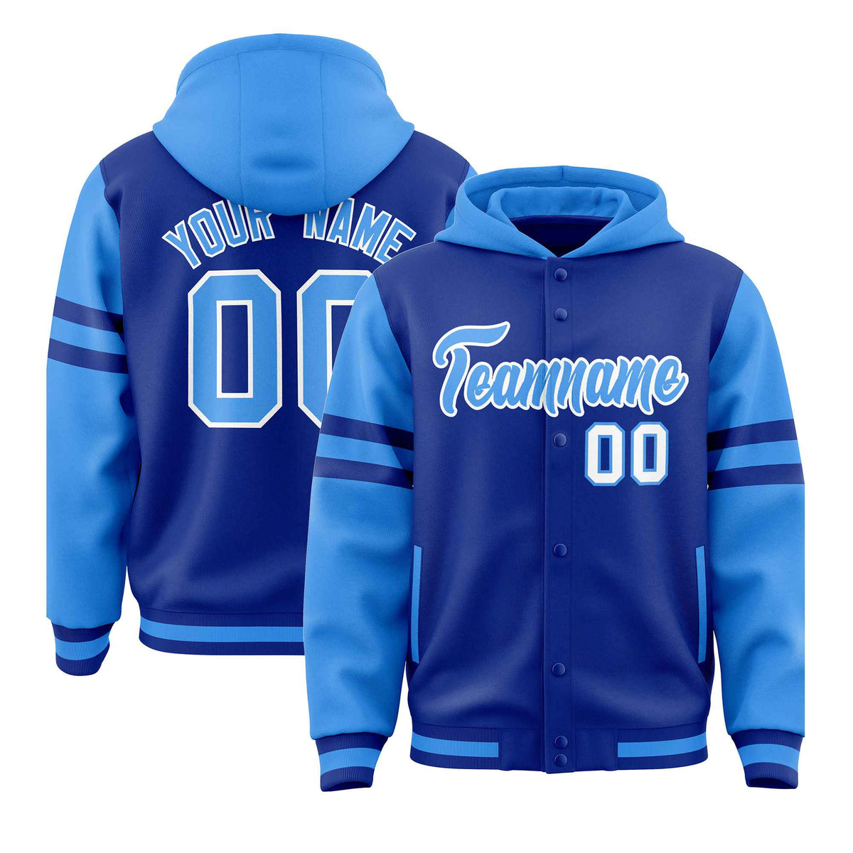 Custom Royal Powder Blue Raglan Sleeves Varsity Full-Snap Letterman Three Stripes Jacket Hoodie| KXKSHOP