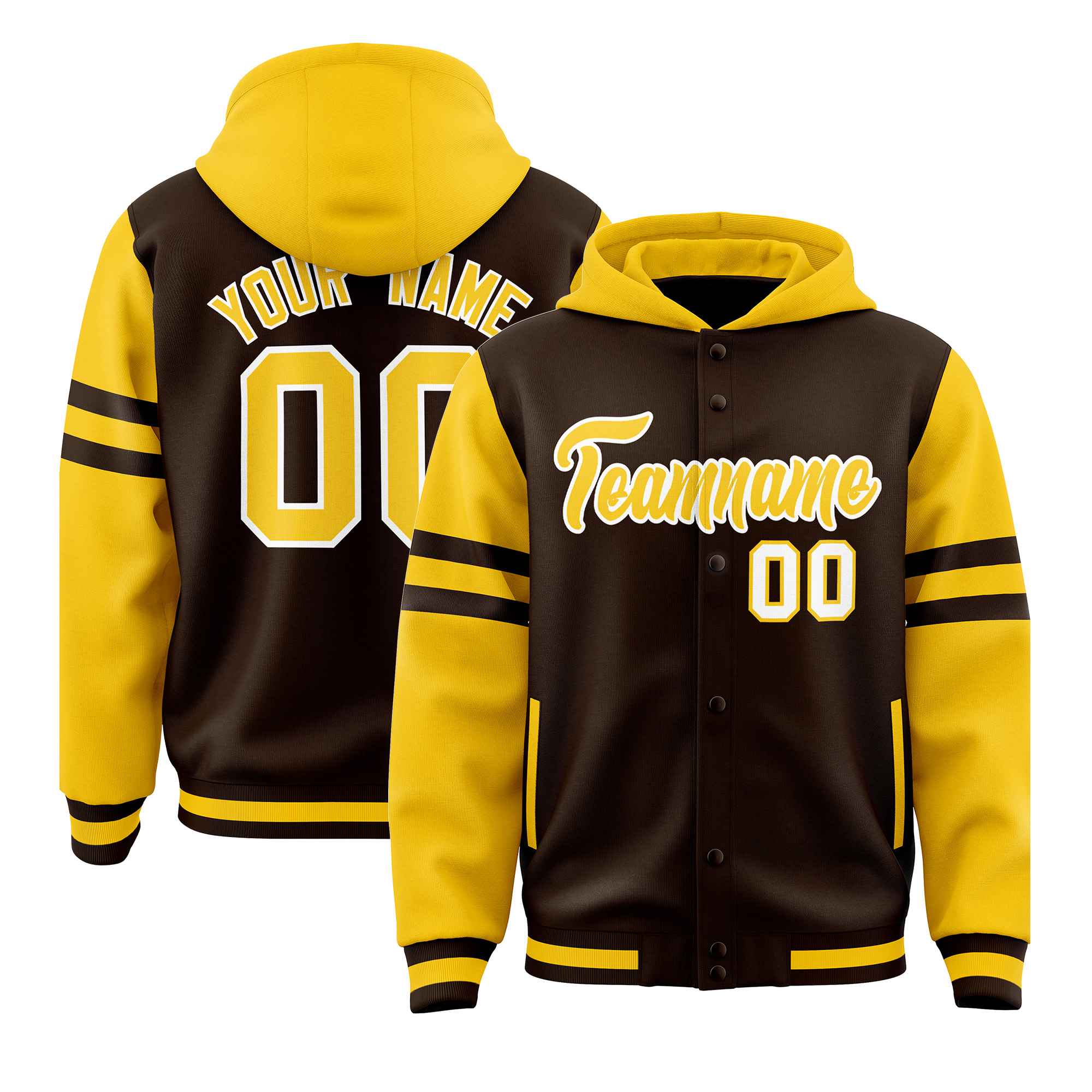 Custom Brown Gold Raglan Sleeves Varsity Full-Snap Letterman Three Stripes Jacket Hoodie| KXKSHOP
