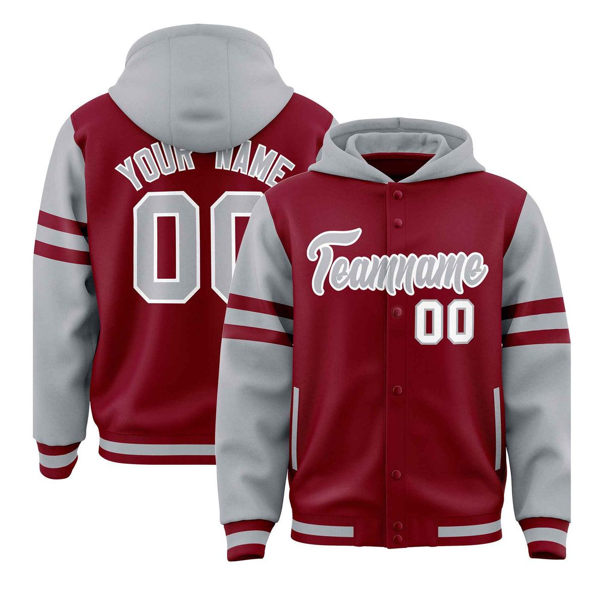 Custom Crimson Silver Raglan Sleeves Varsity Full-Snap Letterman Three Stripes Jacket Hoodie| KXKSHOP