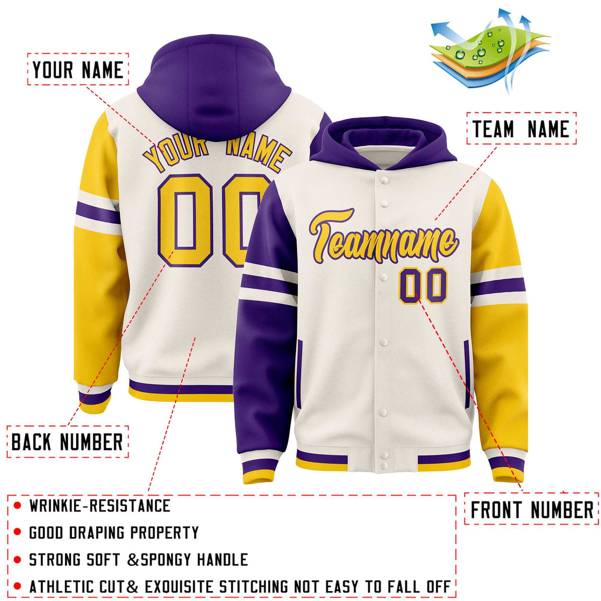 Custom Cream Purple-Gold Raglan Sleeves Varsity Full-Snap Letterman Three Stripes Jacket Hoodie| KXKSHOP