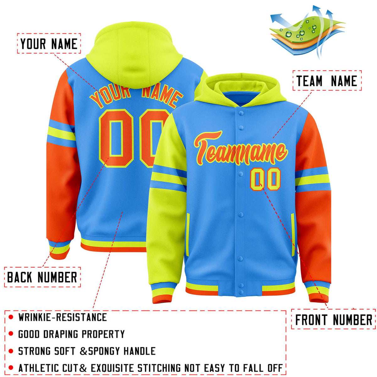 Custom Powder Blue Fluorescent Green-Orange Raglan Sleeves Varsity Full-Snap Letterman Three Stripes Jacket Hoodie| KXKSHOP