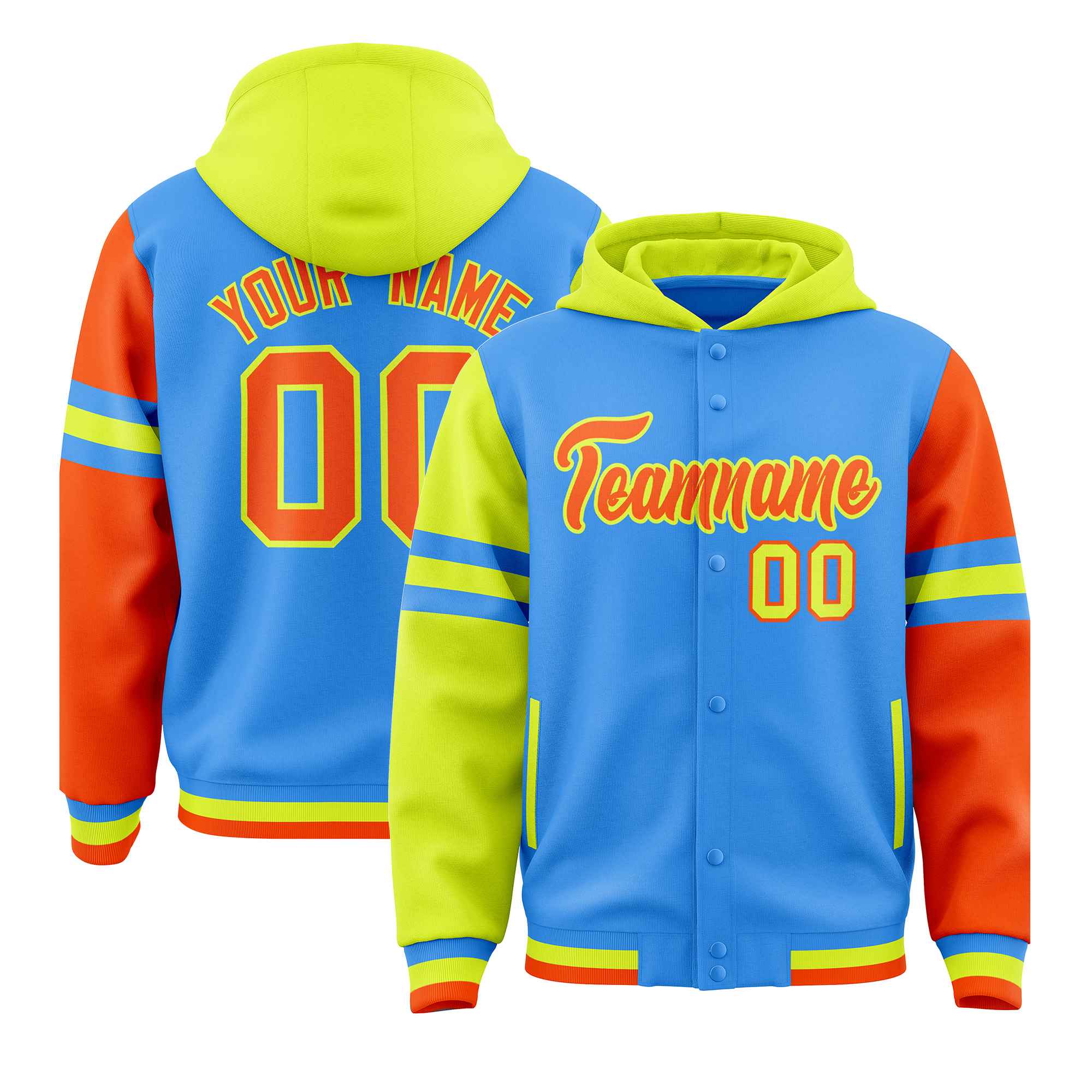 Custom Powder Blue Fluorescent Green-Orange Raglan Sleeves Varsity Full-Snap Letterman Three Stripes Jacket Hoodie| KXKSHOP