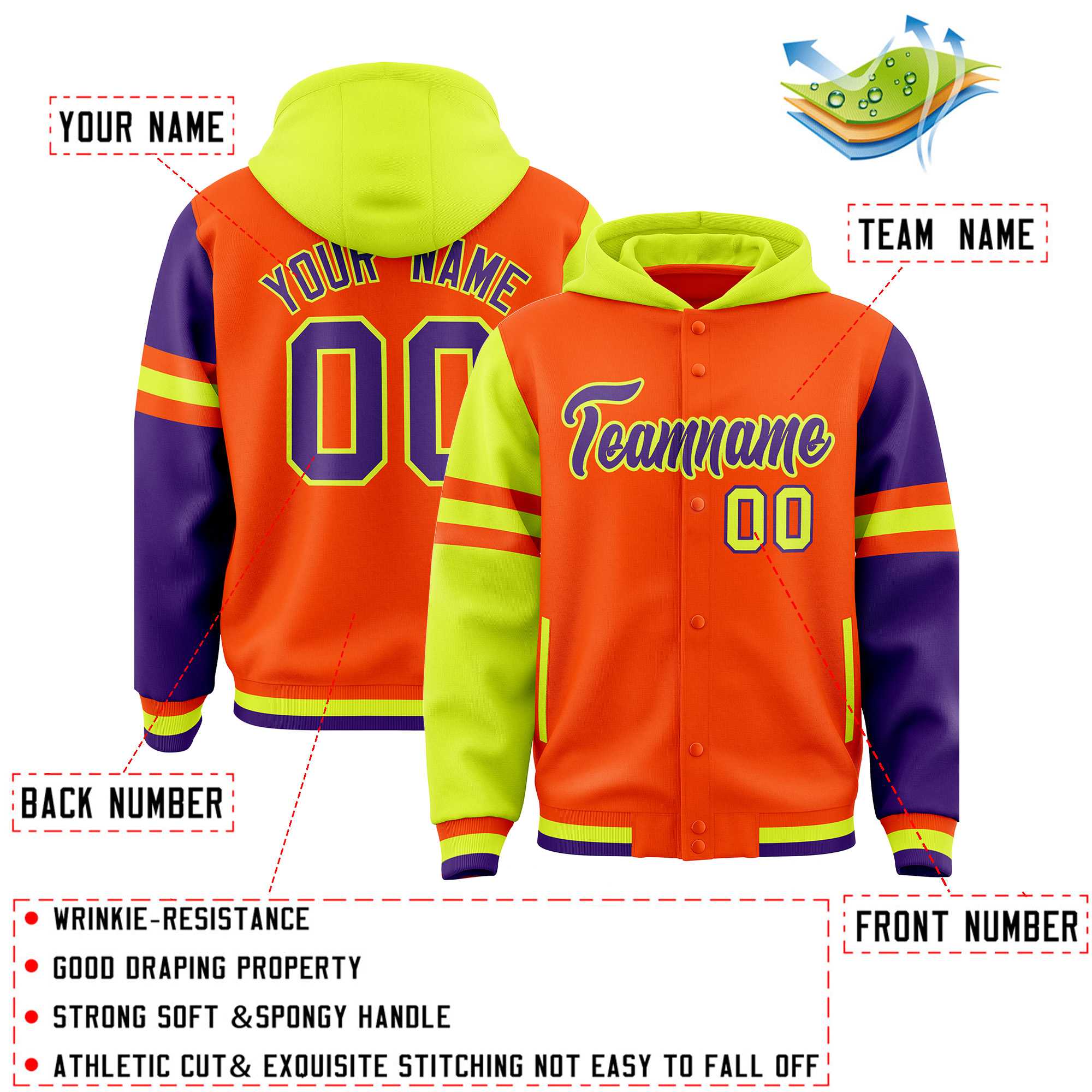 Custom Orange Fluorescent Green-Purple Raglan Sleeves Varsity Full-Snap Letterman Three Stripes Jacket Hoodie| KXKSHOP