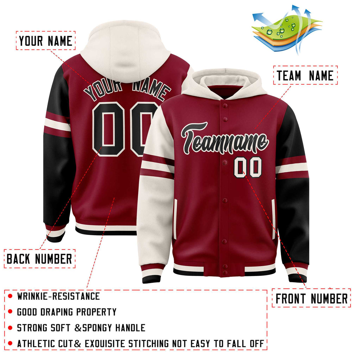 Custom Crimson Cream-Black Raglan Sleeves Varsity Full-Snap Letterman Three Stripes Jacket Hoodie| KXKSHOP