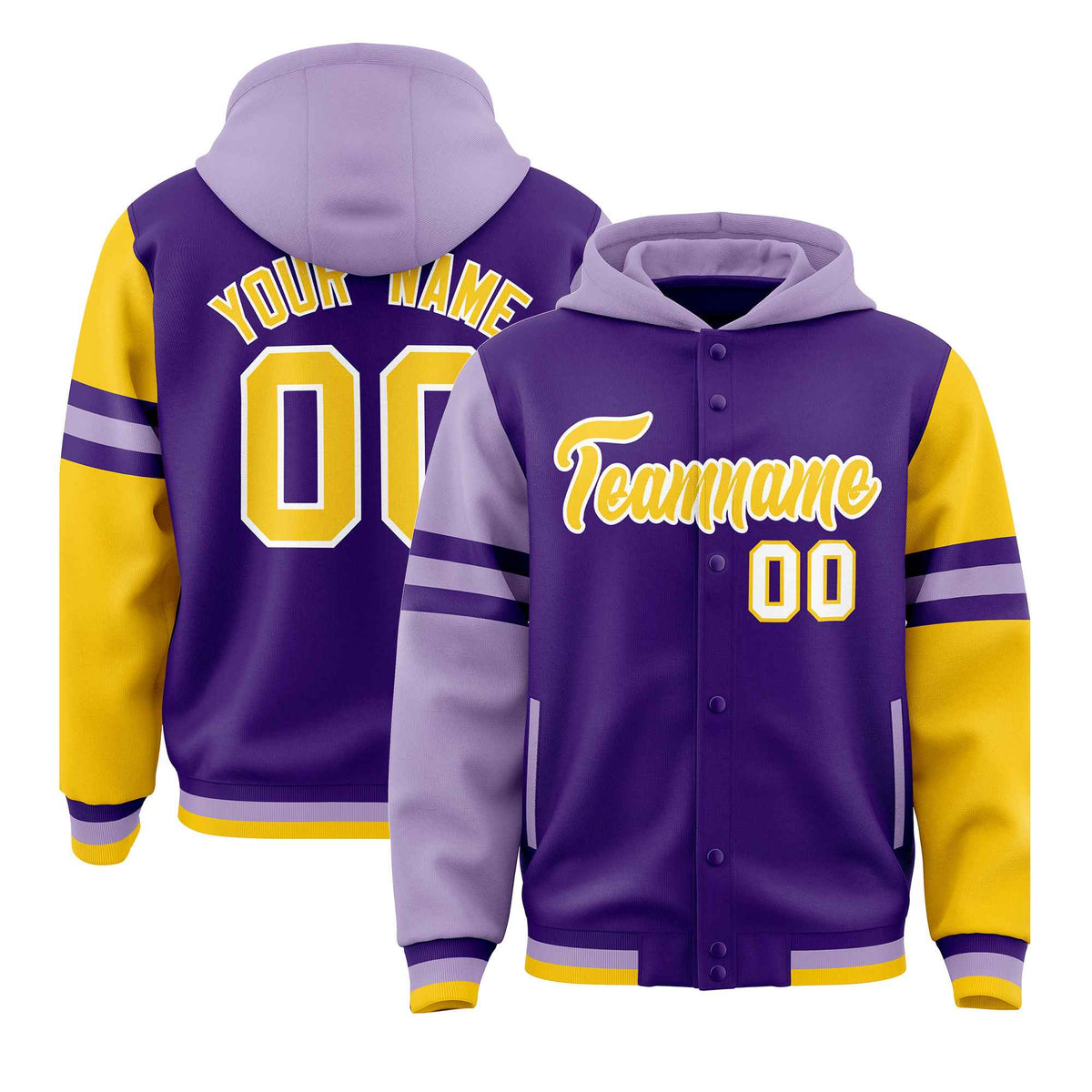 Custom Purple Light Purple-Gold Raglan Sleeves Varsity Full-Snap Letterman Three Stripes Jacket Hoodie| KXKSHOP