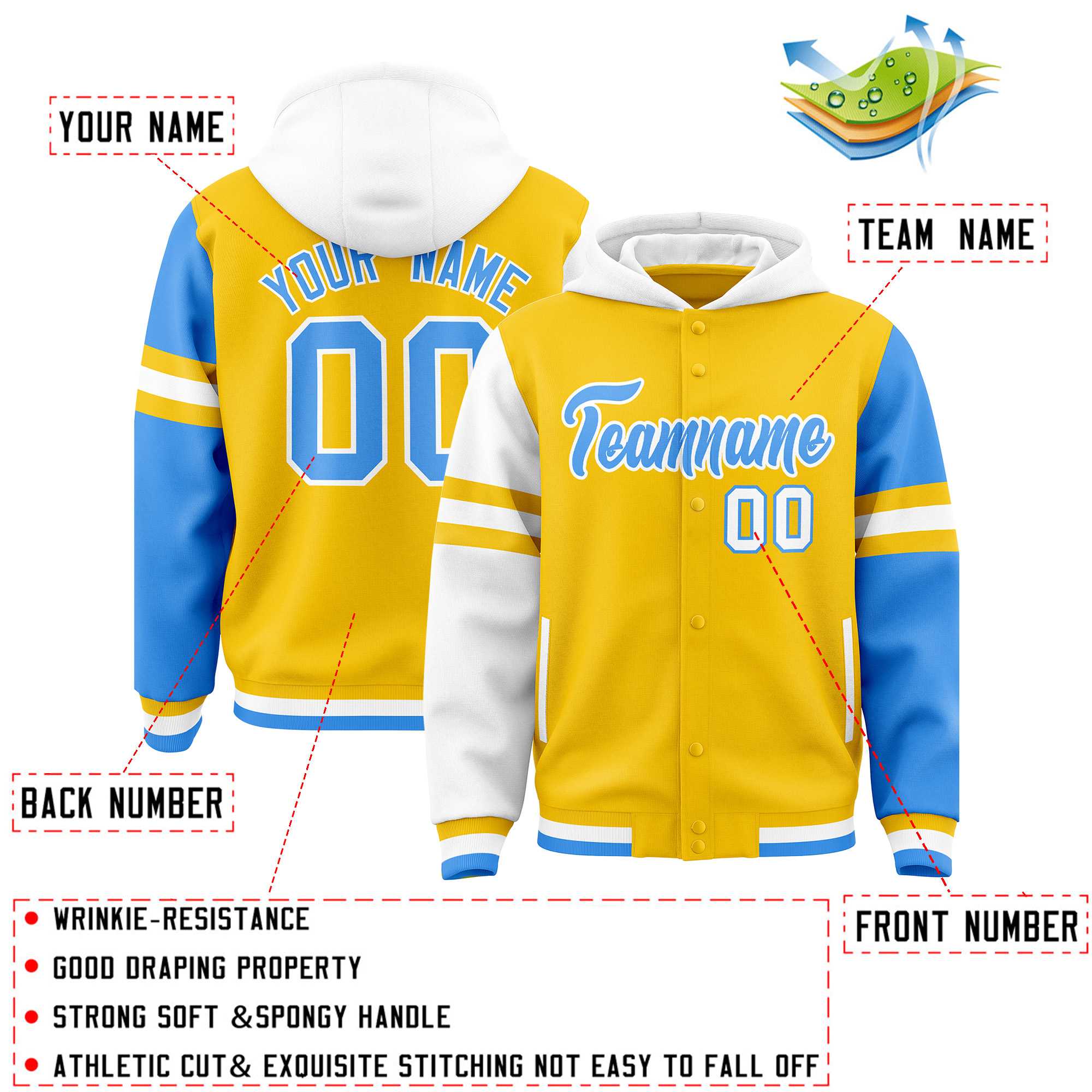 Custom Gold White-Powder Blue Raglan Sleeves Varsity Full-Snap Letterman Three Stripes Jacket Hoodie| KXKSHOP