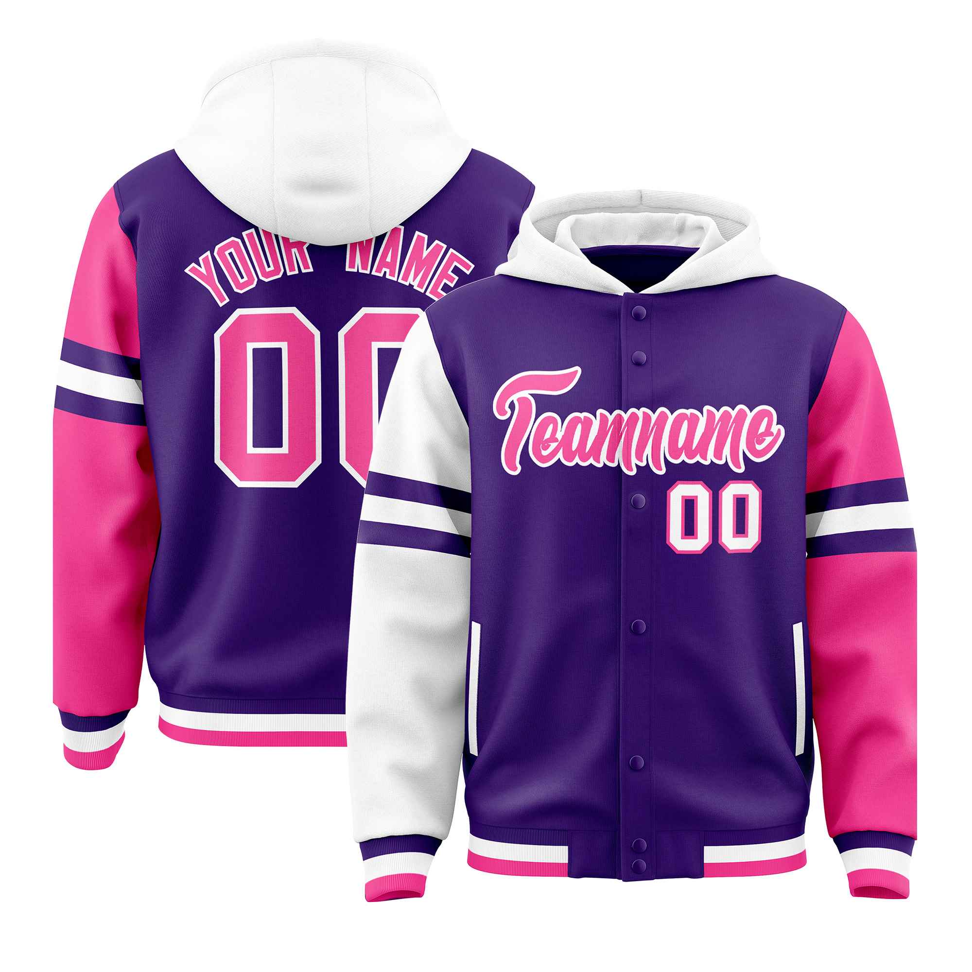 Custom Purple White-Pink Raglan Sleeves Varsity Full-Snap Letterman Three Stripes Jacket Hoodie| KXKSHOP