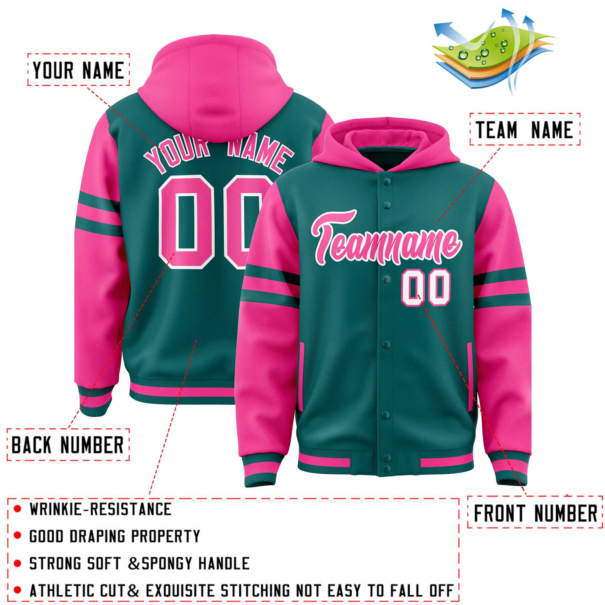 Custom Aqua Pink Raglan Sleeves Varsity Full-Snap Letterman Three Stripes Jacket Hoodie| KXKSHOP