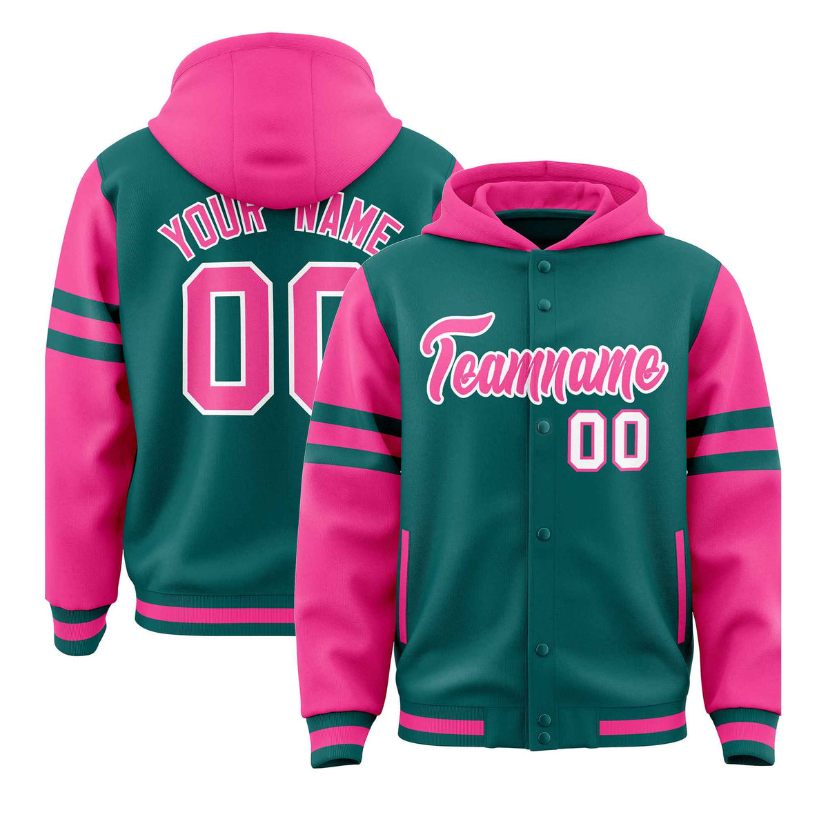 Custom Aqua Pink Raglan Sleeves Varsity Full-Snap Letterman Three Stripes Jacket Hoodie| KXKSHOP