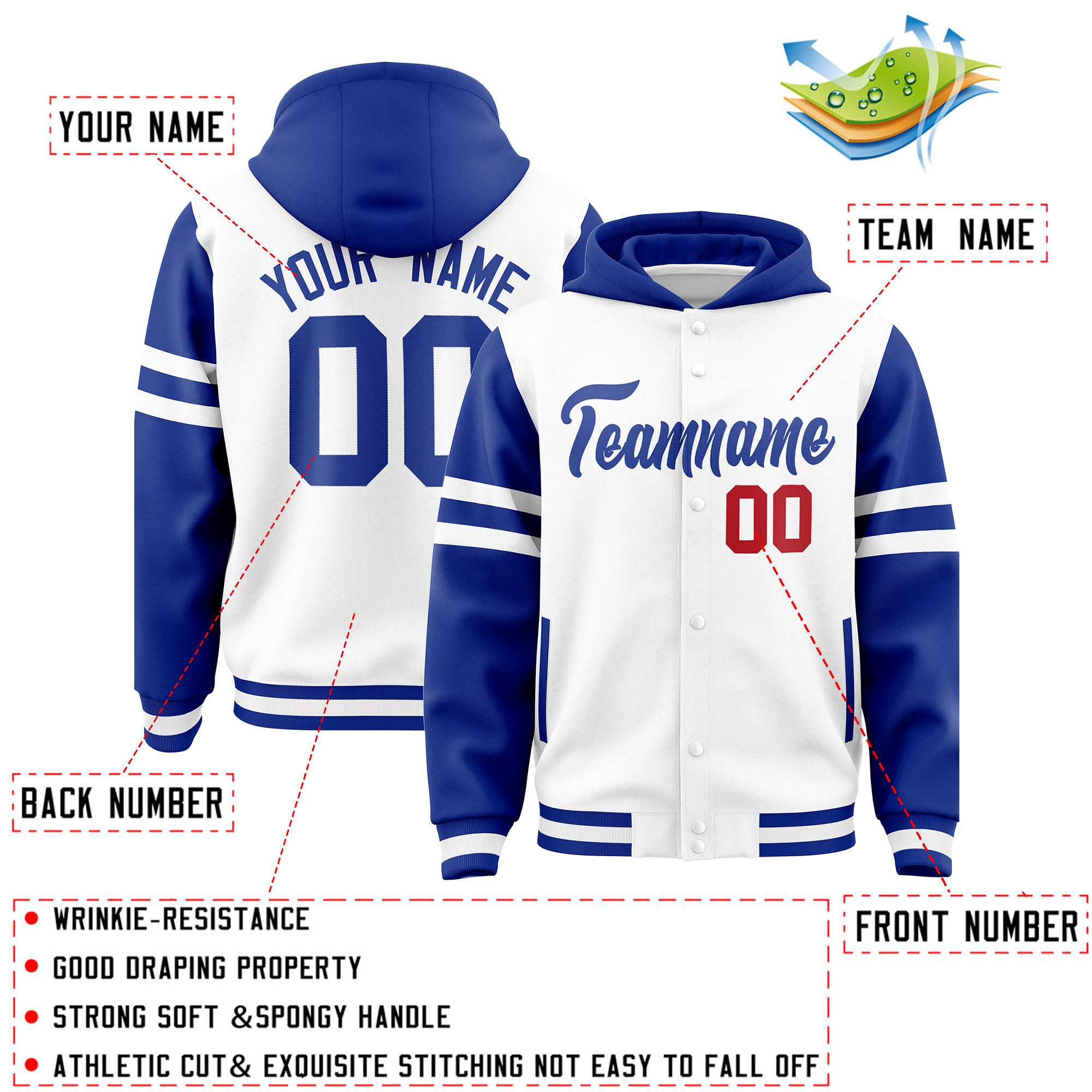 Custom White Royal Raglan Sleeves Varsity Full-Snap Letterman Three Stripes Jacket Hoodie| KXKSHOP