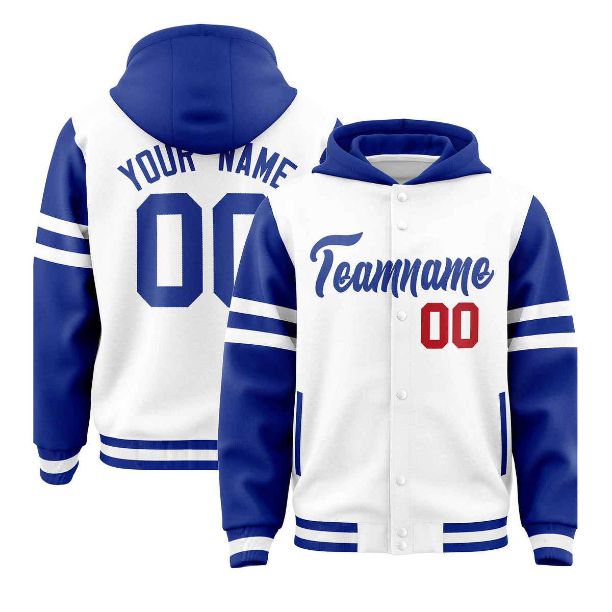Custom White Royal Raglan Sleeves Varsity Full-Snap Letterman Three Stripes Jacket Hoodie| KXKSHOP