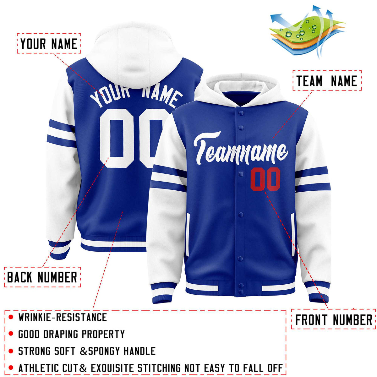 Custom Royal White Raglan Sleeves Varsity Full-Snap Letterman Three Stripes Jacket Hoodie| KXKSHOP