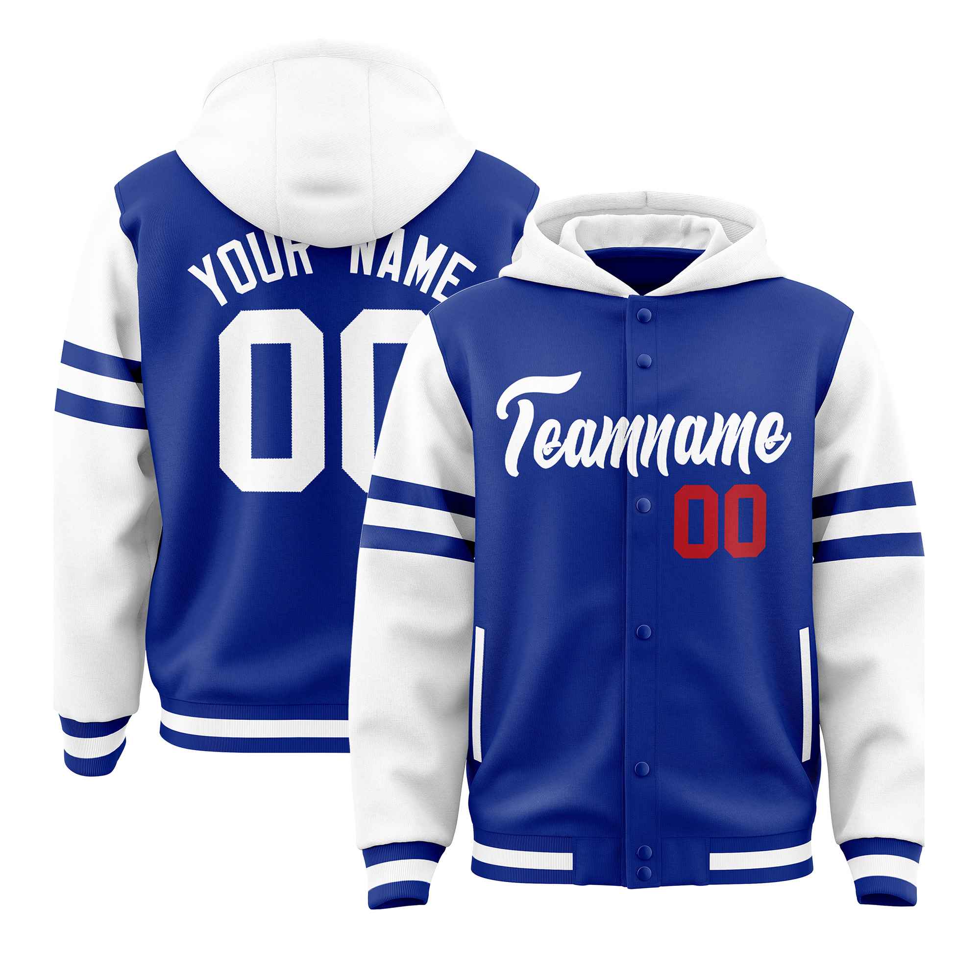 Custom Royal White Raglan Sleeves Varsity Full-Snap Letterman Three Stripes Jacket Hoodie| KXKSHOP