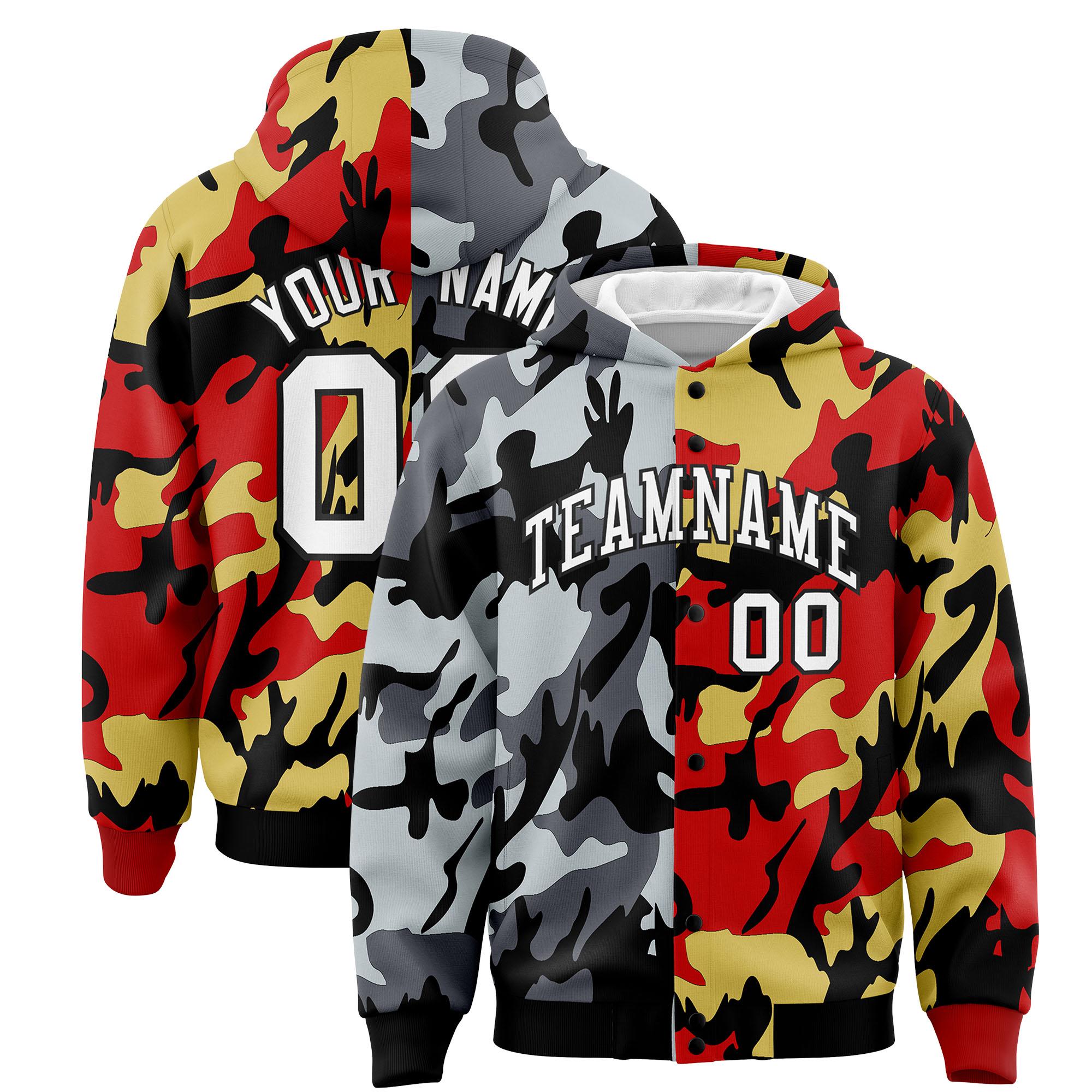 Custom Black Red Full-Snap Varsity Two Tone Personalized Letterman Camo Jacket Hoodie| KXKSHOP