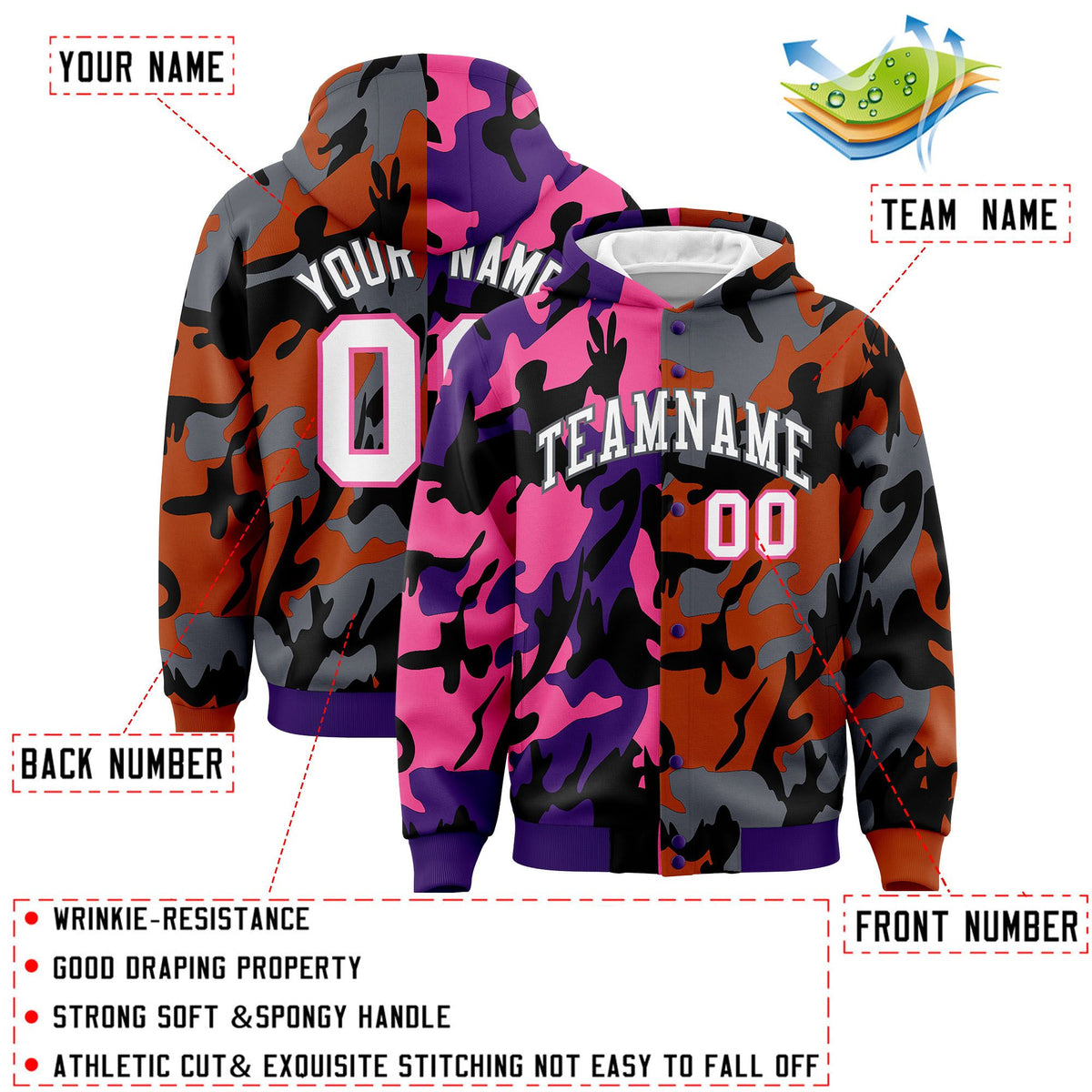 Custom Purple Texas Orange Full-Snap Varsity Two Tone Personalized Letterman Camo Jacket Hoodie| KXKSHOP