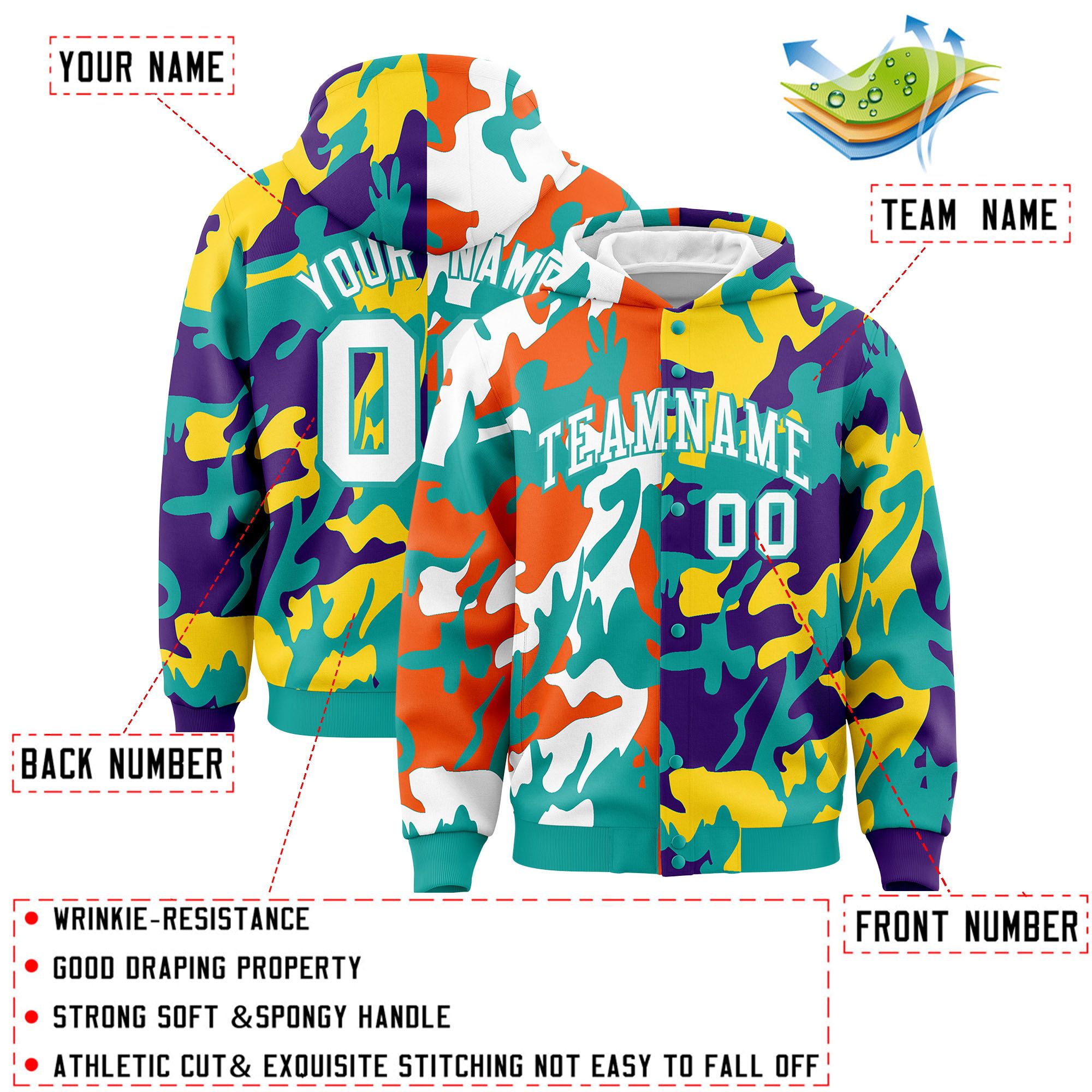 Custom Aqua Purple Full-Snap Varsity Two Tone Personalized Letterman Camo Jacket Hoodie| KXKSHOP