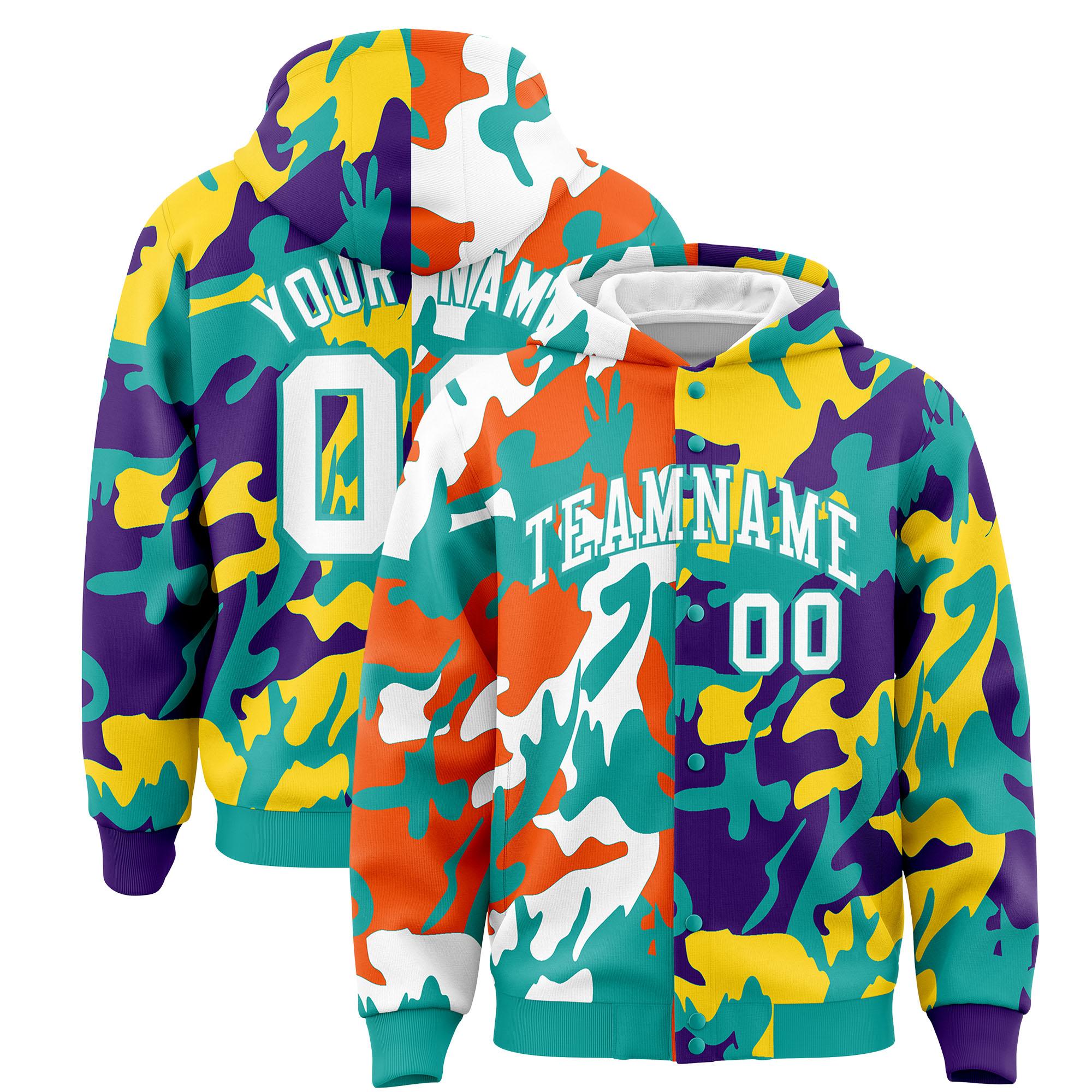 Custom Aqua Purple Full-Snap Varsity Two Tone Personalized Letterman Camo Jacket Hoodie| KXKSHOP